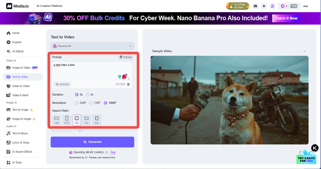 A screenshot of Media.io's text-to-video feature shows a prompt for "a soft rideable bike" and a sample video of a dog wearing a necklace while a microphone is held near its mouth.