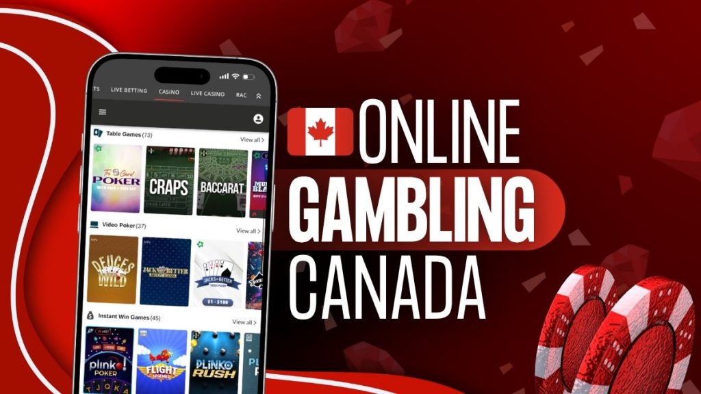 A smartphone displays various online casino games. Bold text reads "Online Gambling Canada" with a Canadian flag, against a red background with poker chips.