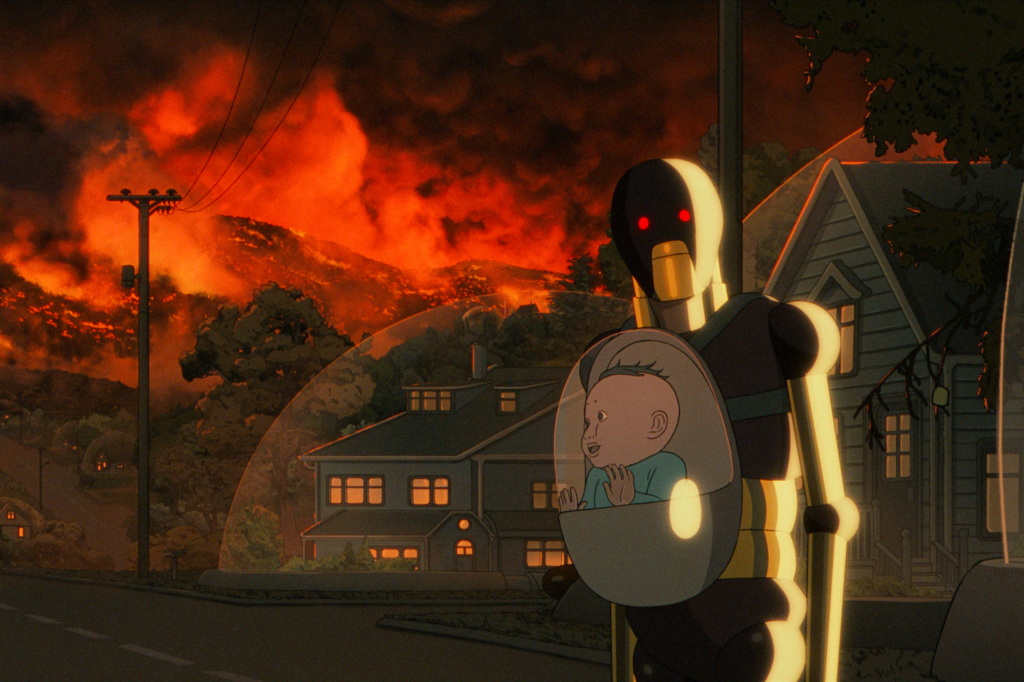 A humanoid robot carries a smiling baby in a transparent pod on a suburban street at night, while a large wildfire burns in the hills behind the houses.