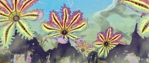 A group of large, animated plants with colorful, spiky flowers and dark insect-like stems in a misty, surreal landscape.