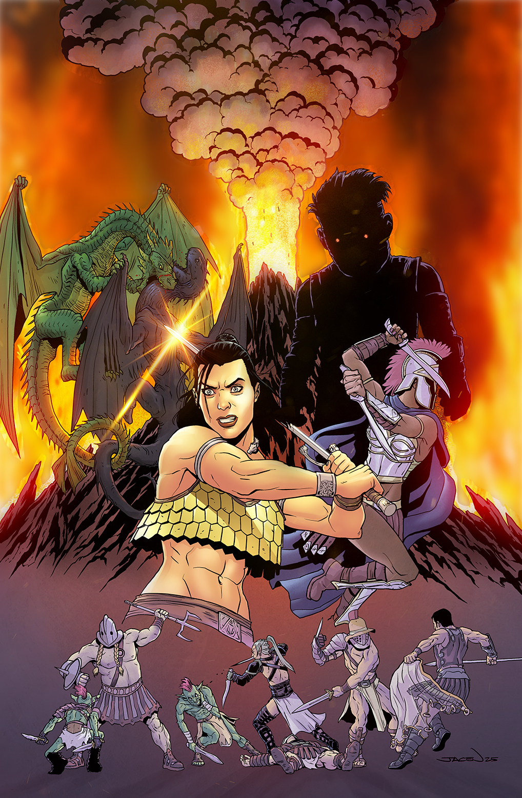 A fierce warrior stands ready with swords, surrounded by armored fighters, a looming dragon, and a shadowy figure in front of an erupting volcano.