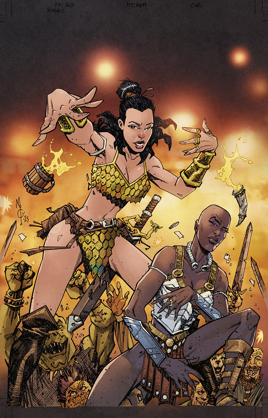 Two fierce warrior women stand in battle poses, surrounded by flames and armed opponents, with broken weapons and debris flying around them.