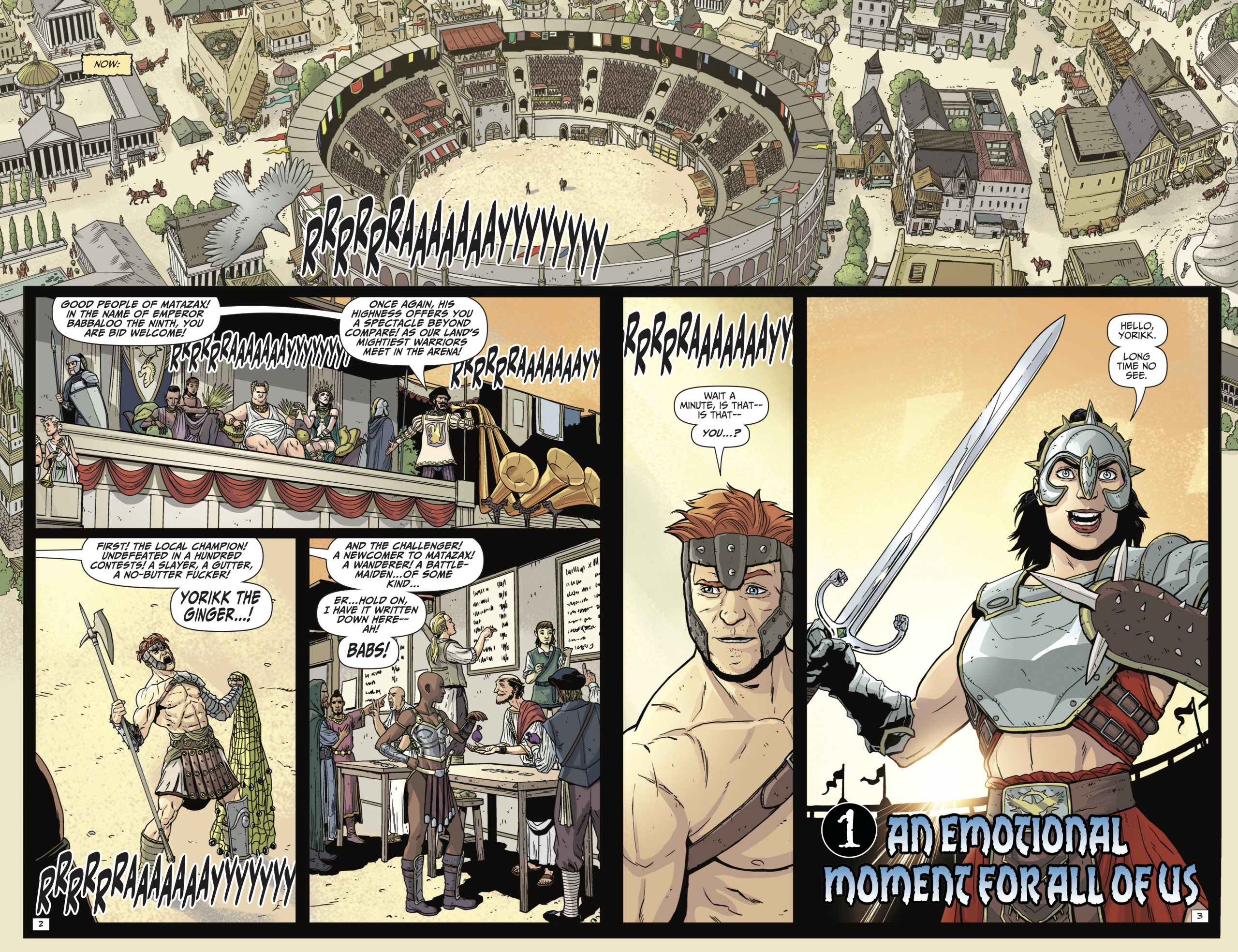 Comic depicting a gladiator match in a Roman arena. A female gladiator faces a male opponent as the crowd cheers. Officials and spectators watch from the stands.