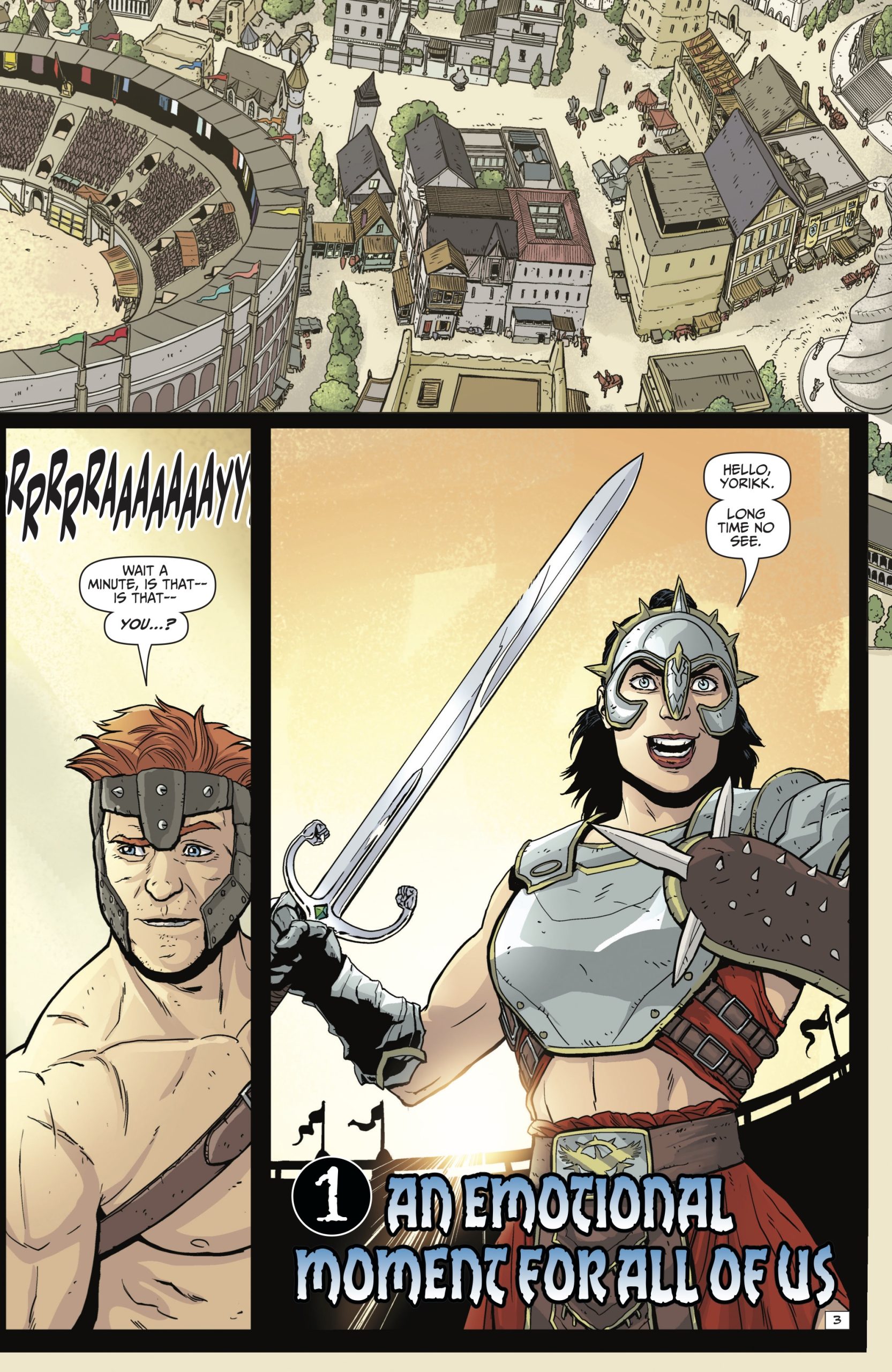 A red-haired man and a woman in armor stand in a town. The woman holds a sword and greets "Lork." The background shows an aerial view of the town. Text reads: "An emotional moment for all of us.