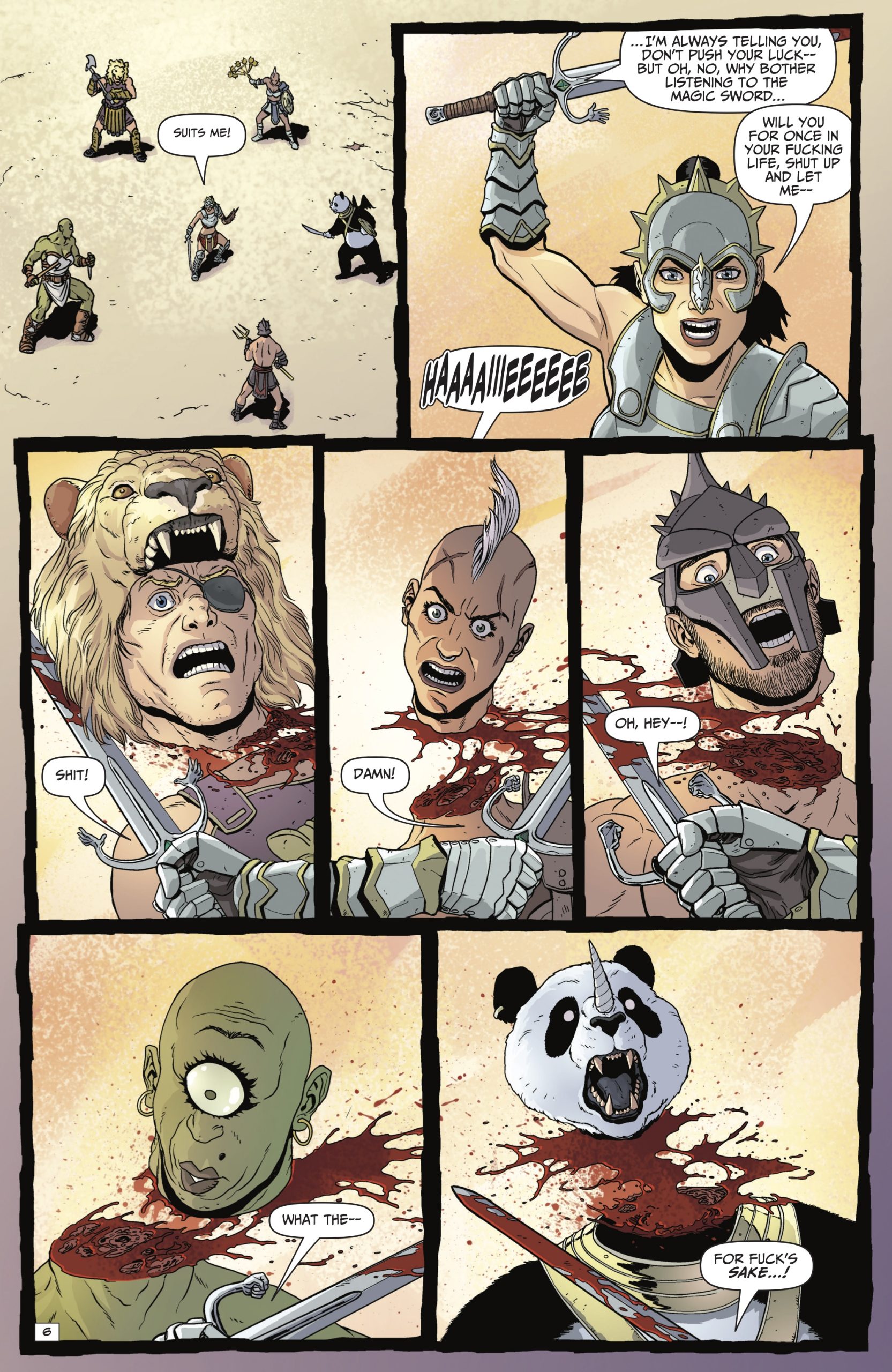 A warrior holds an axe and shouts while decapitating four varied opponents; their shocked heads fly through the air, including a person in a panda mask.