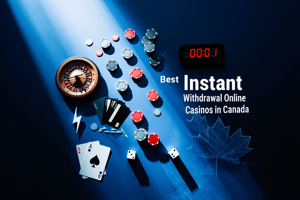 Casino chips, cards, roulette wheel, and a digital timer on a table with text: “Best Instant Withdrawal Online Casinos in Canada.”.