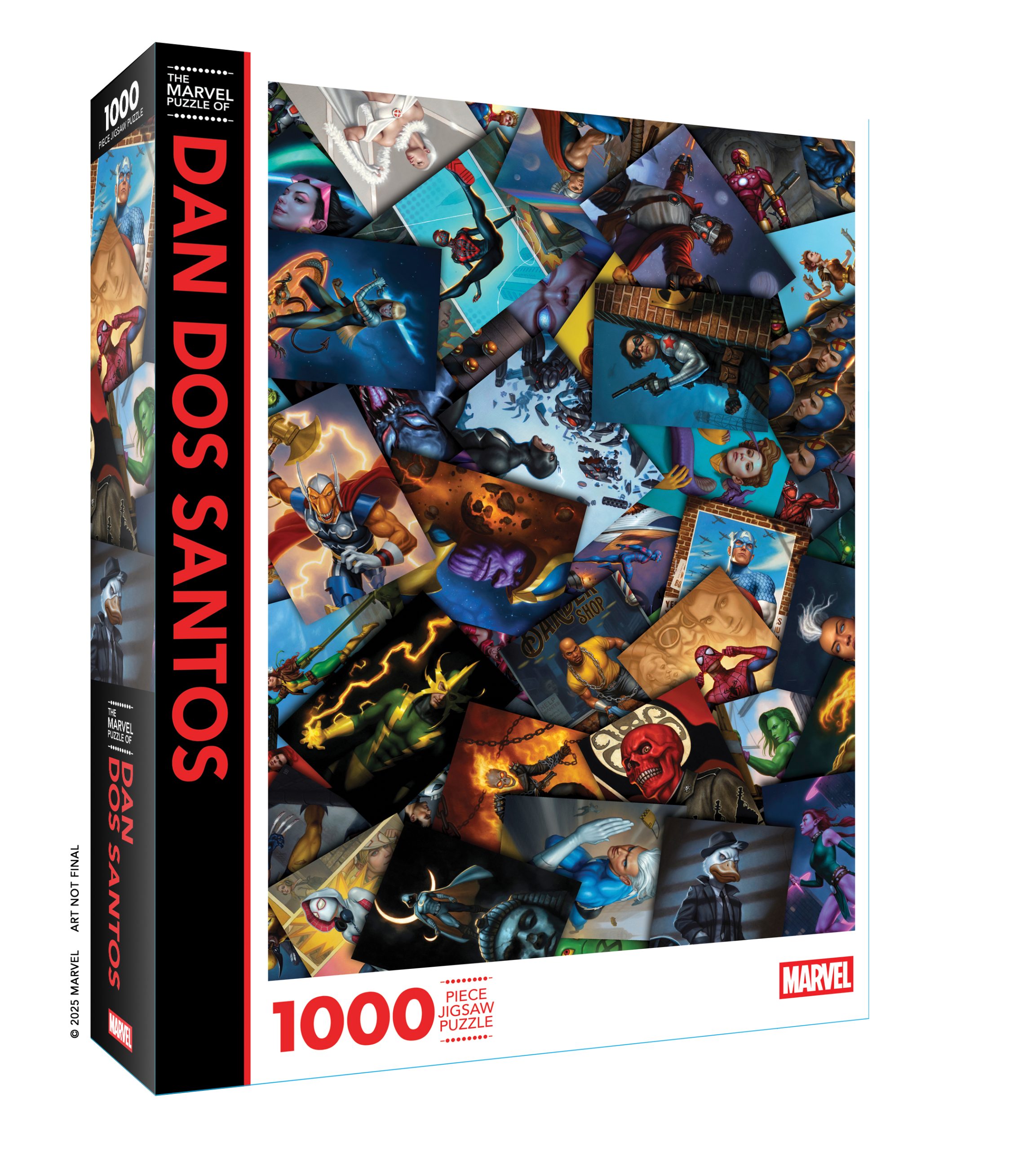 A 1000-piece Marvel jigsaw puzzle by Dan Dos Santos featuring a collage of various Marvel character illustrations on the box.