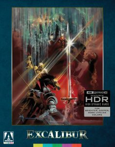 A stylized illustration for the film "Excalibur" shows a knight holding a glowing sword, with mystical figures and light effects in the background. 4K Ultra HD and HDR logos are present.