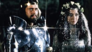 A man in shiny medieval armor and a woman in a sparkly veil with a flower crown stand side by side, facing forward.