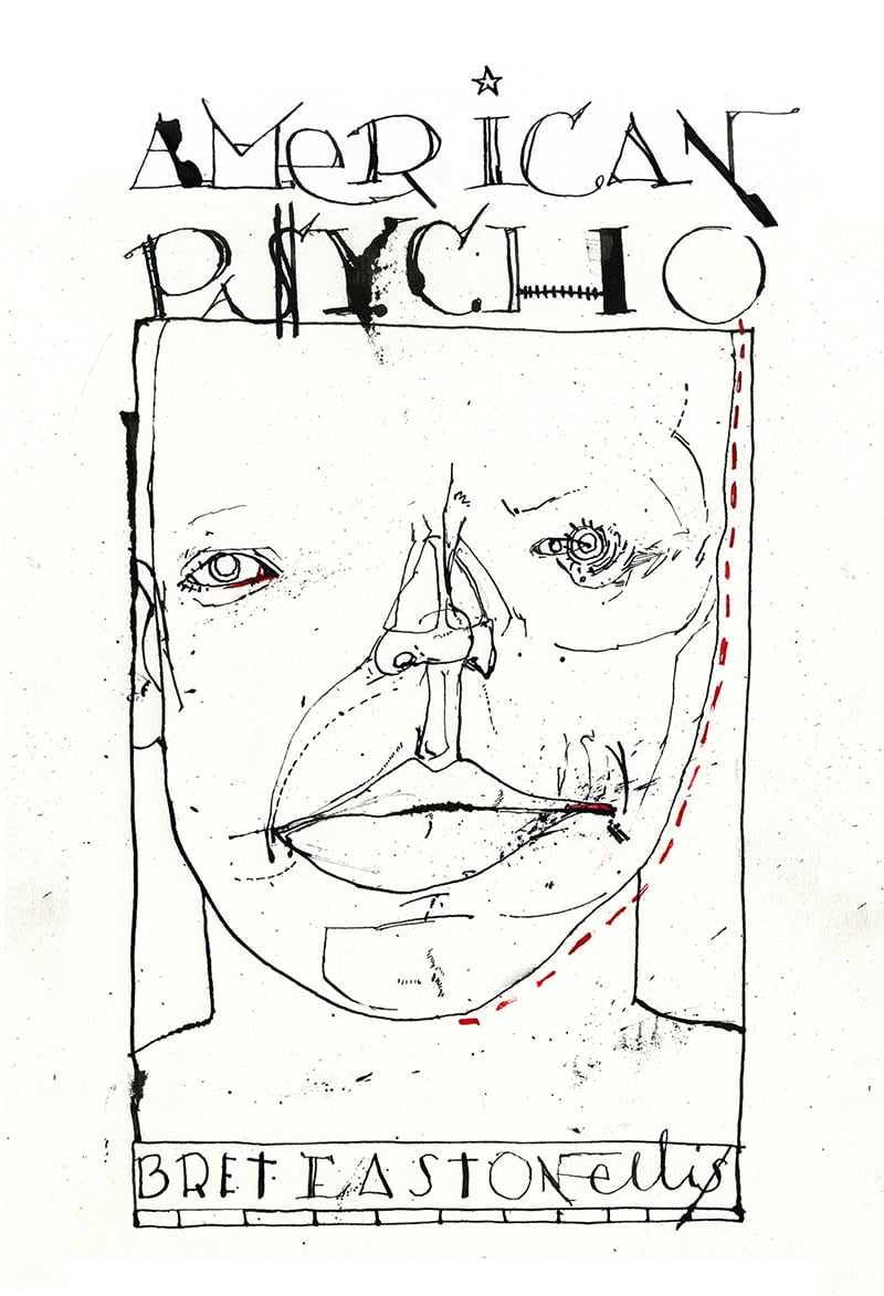 Minimalist black and white line drawing of a distorted face with the text "AMERICAN PSYCHO" and "BRET EASTON ELLIS" written above and below. Red dashed line curves on the right.