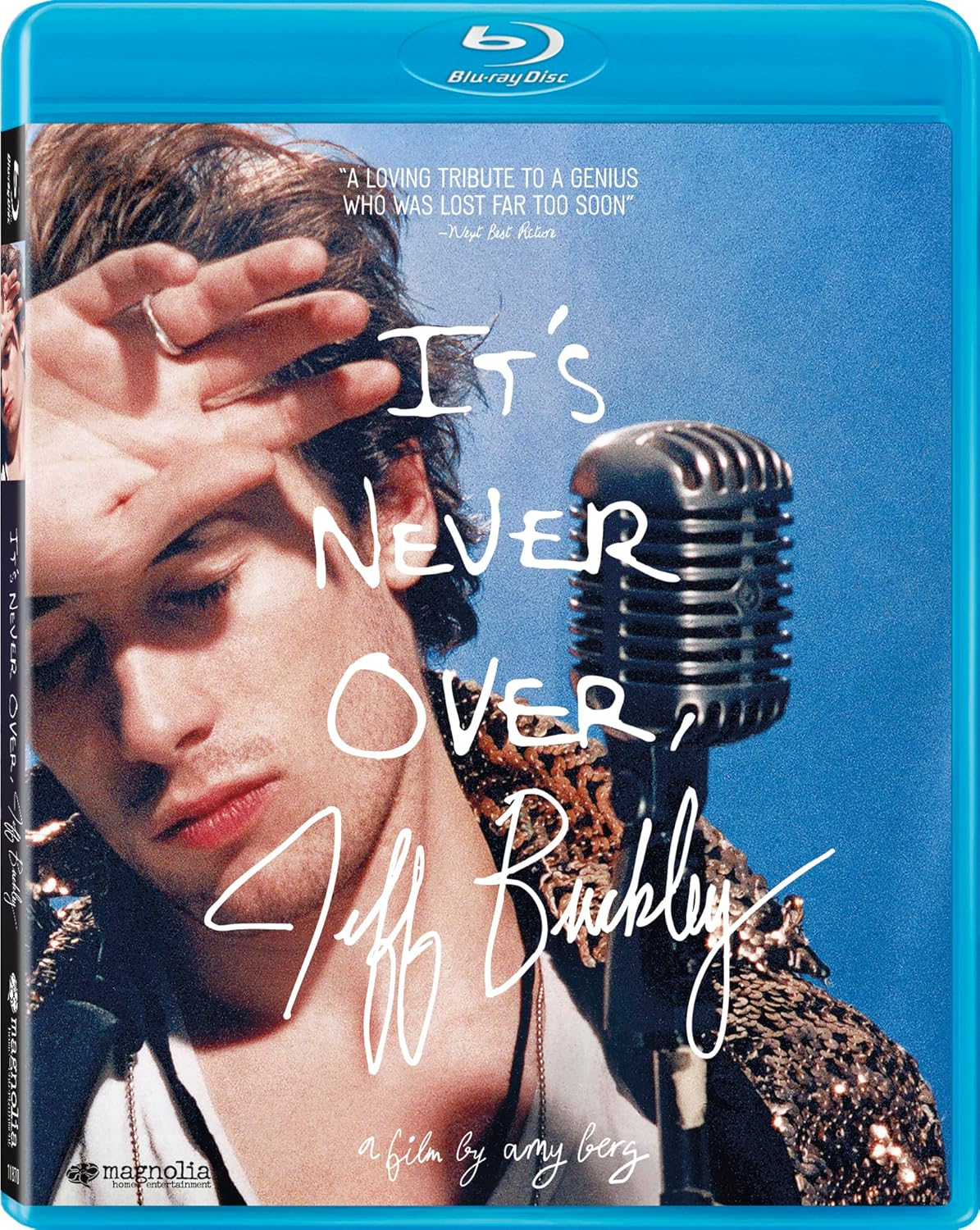 Blu-ray cover of "It's Never Over, Jeff Buckley," featuring a man with closed eyes leaning near a vintage microphone, with handwritten title and credits over the image.