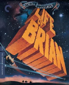 A large stone-textured "Life of Brian" title floats in space above three camels; a spaceship and starry sky are in the background. "Monty Python's" banner is at the top.
