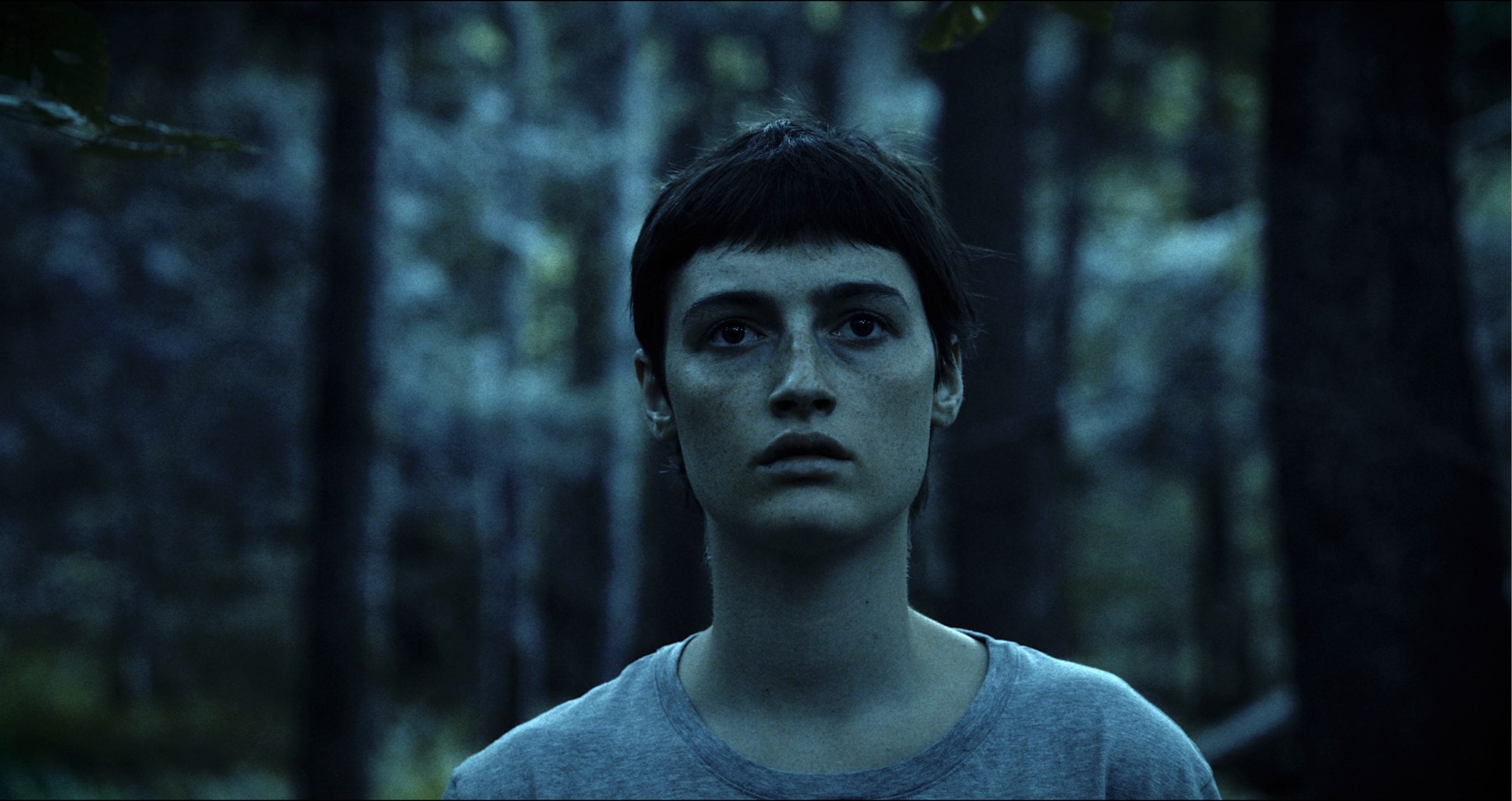 A person with short dark hair and a neutral expression stands in a forest, wearing a gray shirt. The lighting is dim and blue-toned.