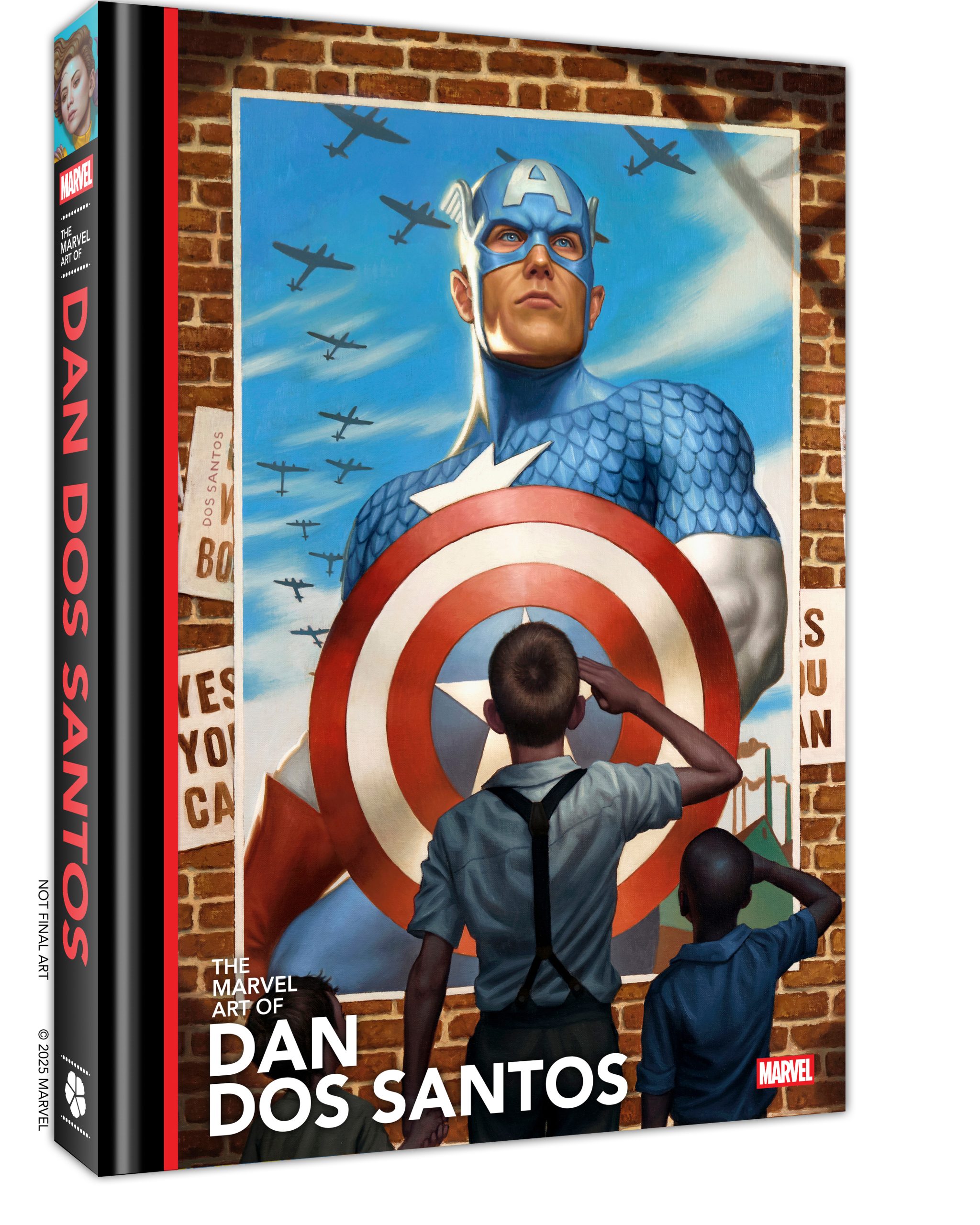 A book cover featuring a painting of two boys saluting Captain America, who stands in front of a brick wall with planes in the sky. The book is titled "The Marvel Art of Dan Dos Santos.