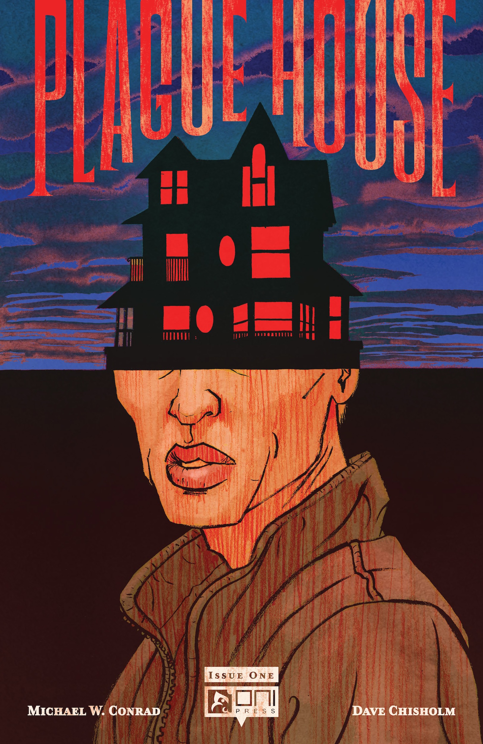 Illustration of a person in a jacket with a large, dark Victorian house obscuring their eyes; red-orange sky, "Plague House" title above in bold letters.