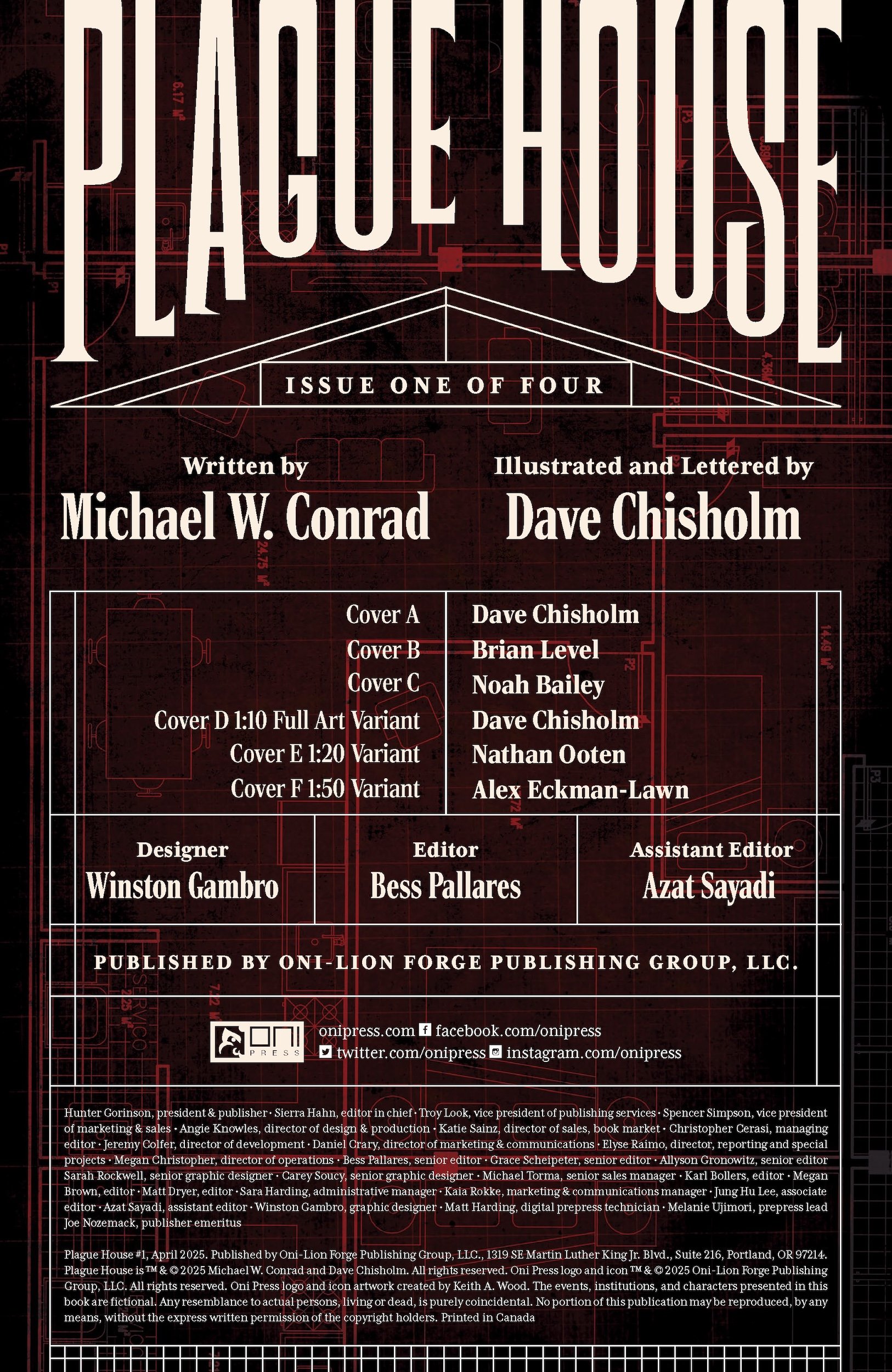 The cover of "Plague House: Issue One of Four" lists credits for writer Michael W. Conrad, illustrator Dave Chisholm, and other contributors in a red and black graphic design.