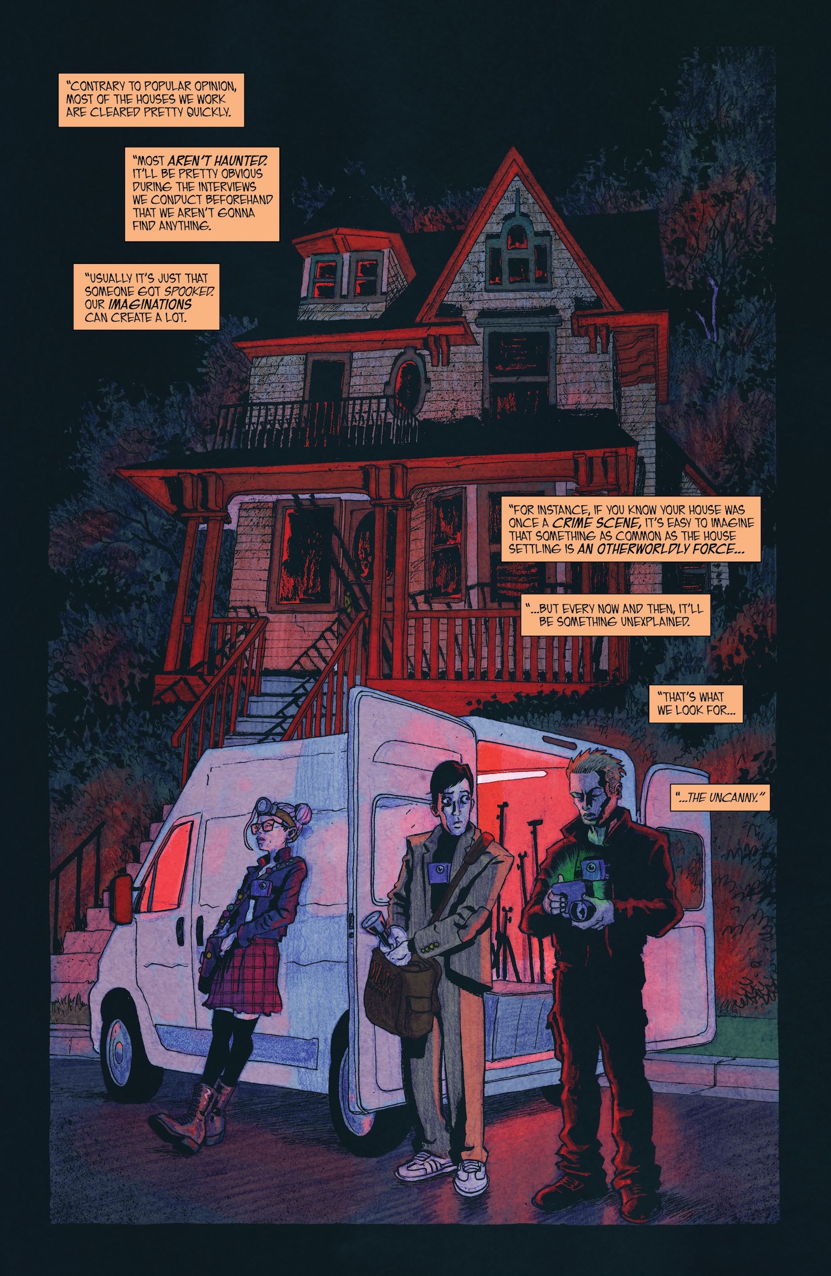 Two people stand by an open white van filled with equipment at night in front of a dark, old house with lit windows. Text boxes are overlaid on the scene.