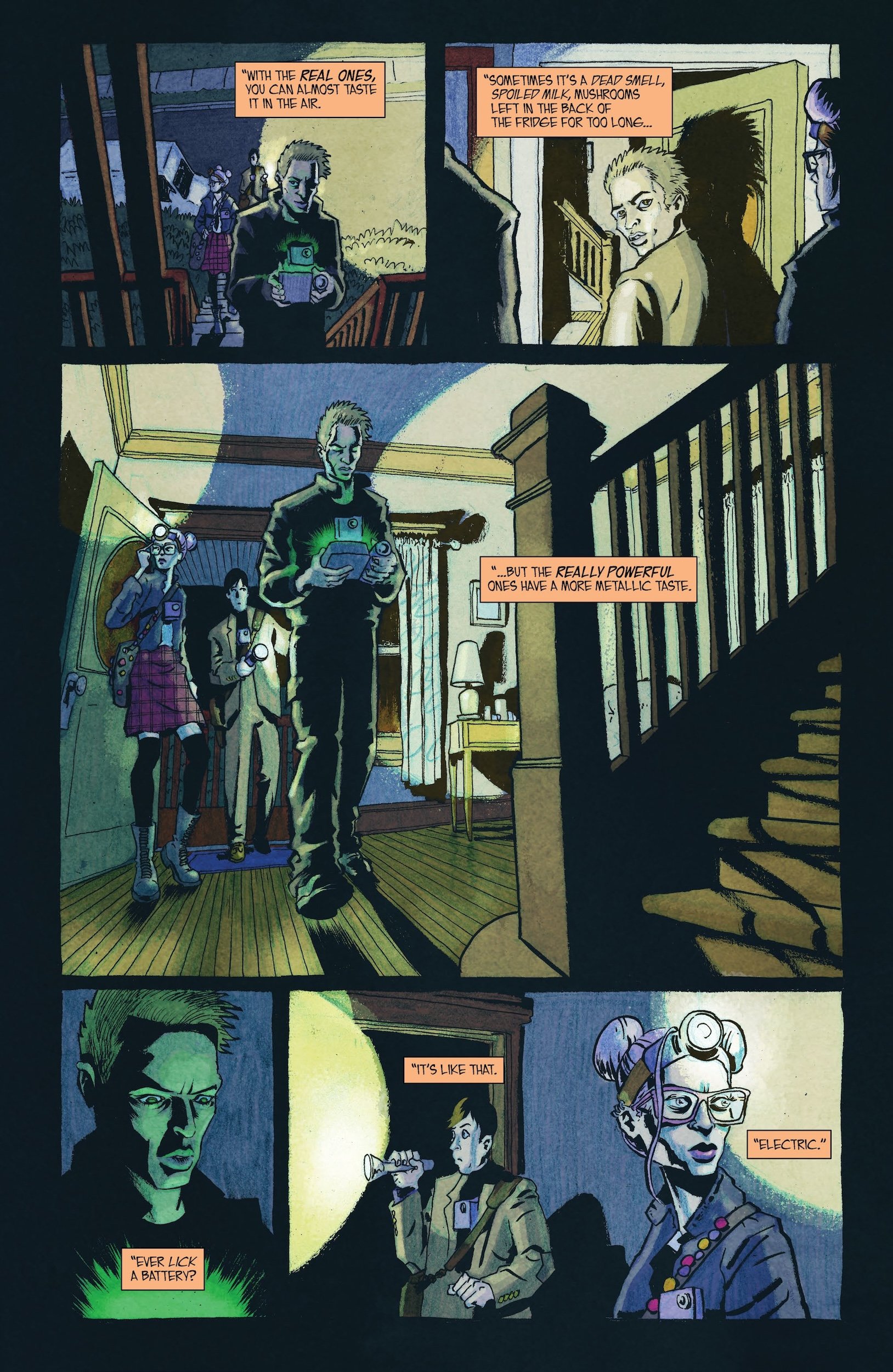 Four people explore a dimly lit house with flashlights, pausing at a staircase; one person examines something glowing green in their hand. Speech bubbles suggest they're discussing smells and batteries.