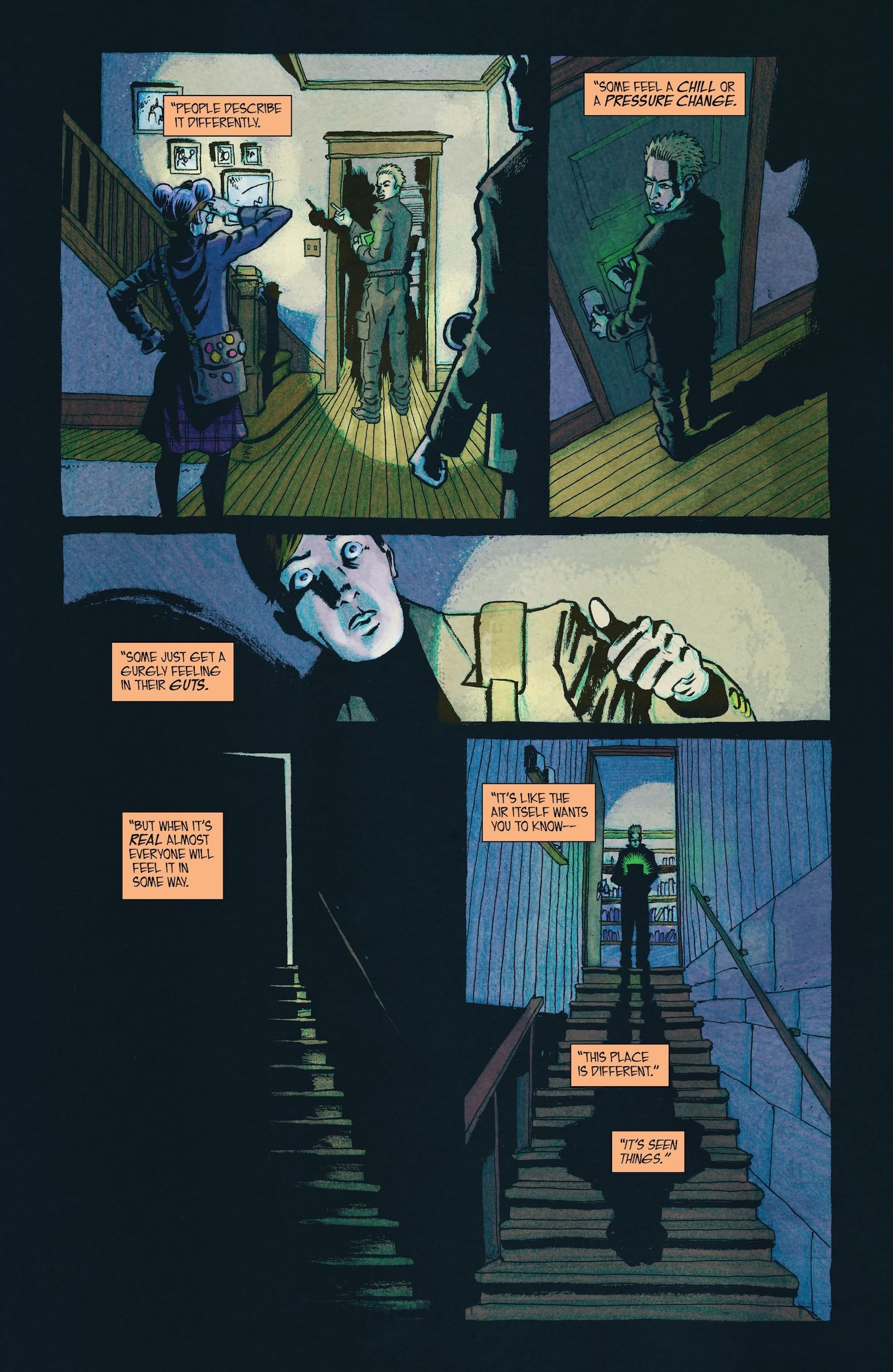 A person enters a dimly lit house, looks at old photos, ascends a staircase, and stands at the top, illuminated by blue light, reading text boxes describing eerie sensations.