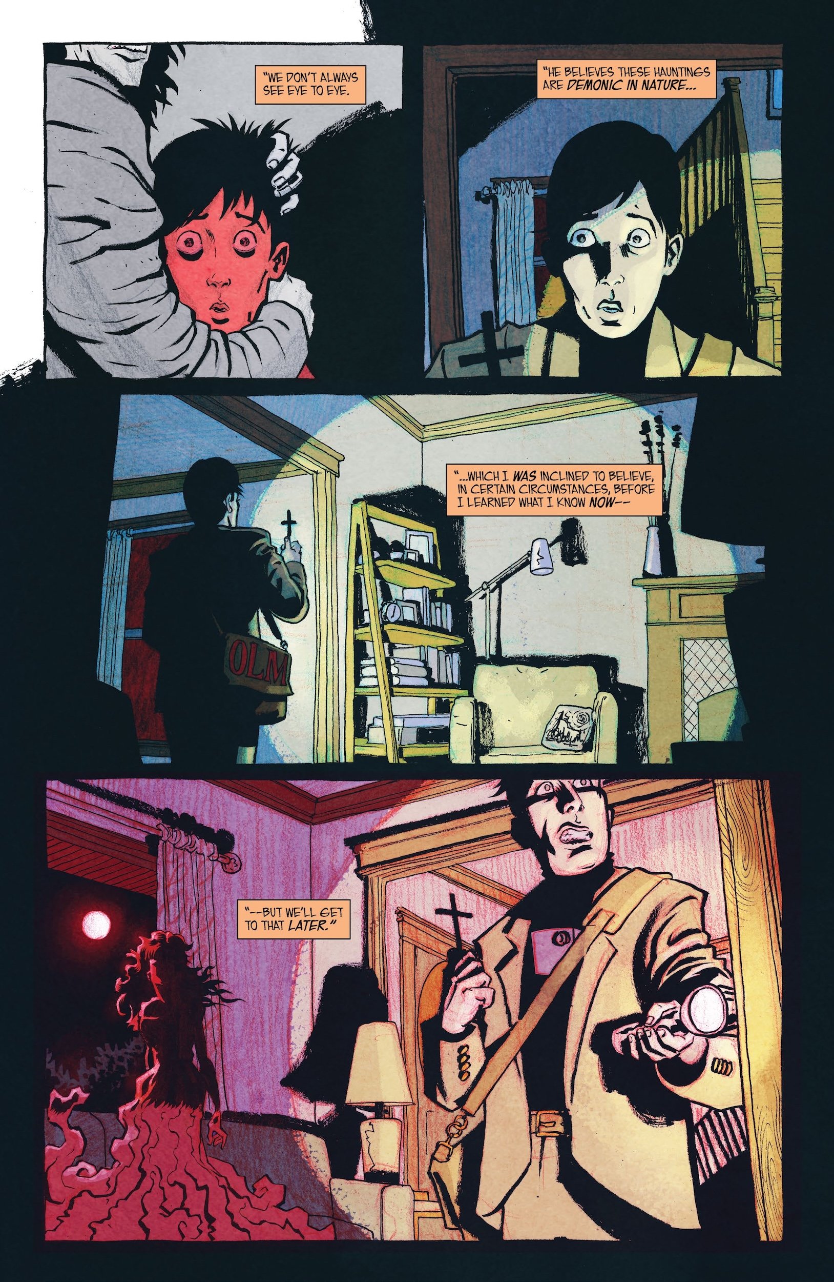 A comic page shows a man and a frightened boy, the man holding a cross and flashlight, investigating a house, confronting a demonic figure in a red-lit room.