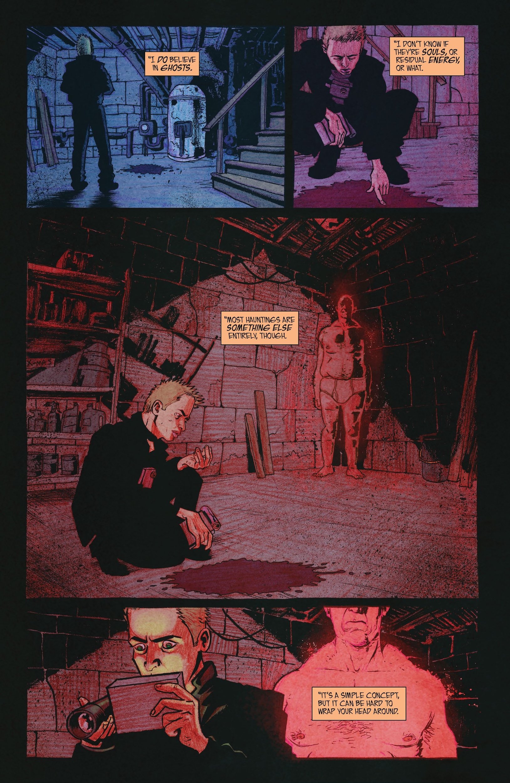 A man descends into a dimly lit basement, crouches by a bloodstain on the floor, looks at an object in his hand, and speaks to someone off-panel. Red lighting dominates the scene.