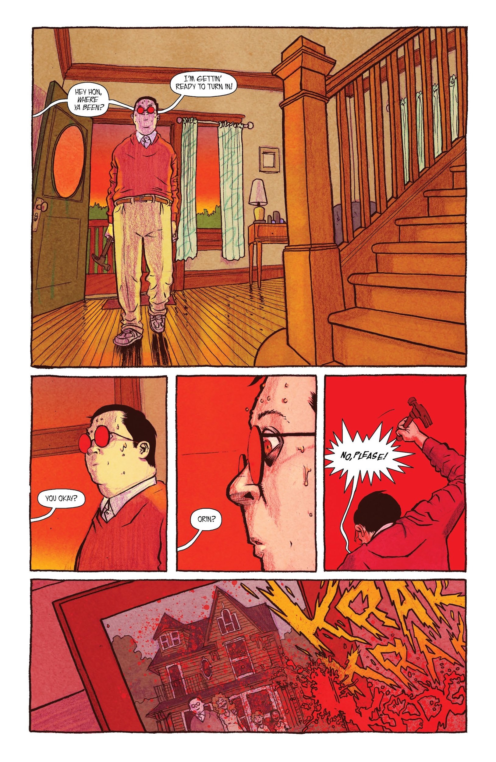 A man enters a house, looking worried. He is asked if he's okay, then suddenly attacked by another person wielding a hammer, as the scene turns violent and chaotic.