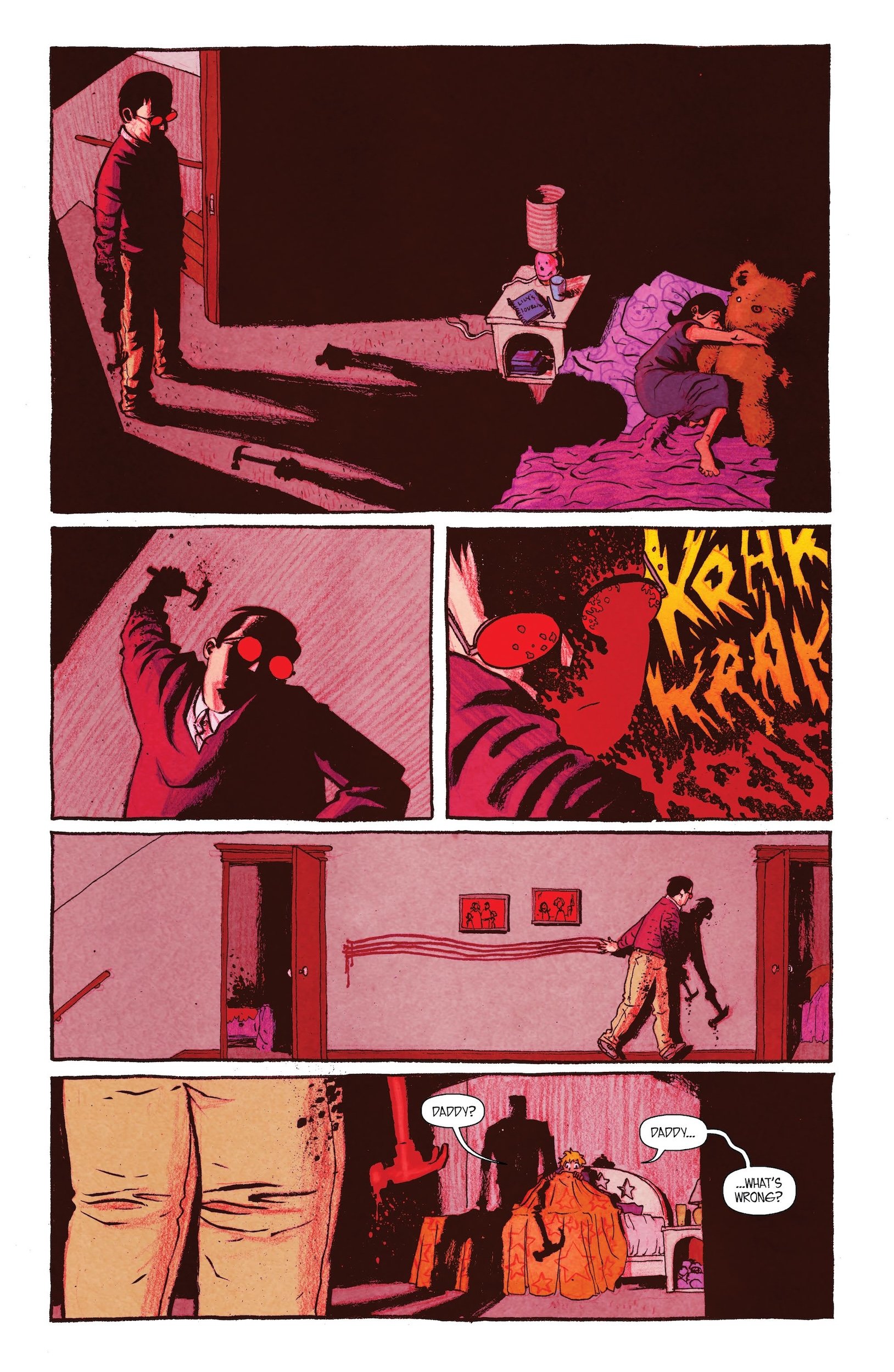 A person stands in a doorway watching a child in bed with a teddy bear. Another person is shown angrily smashing something with a bat. The child calls “Daddy,” and someone asks, “What’s wrong?”.