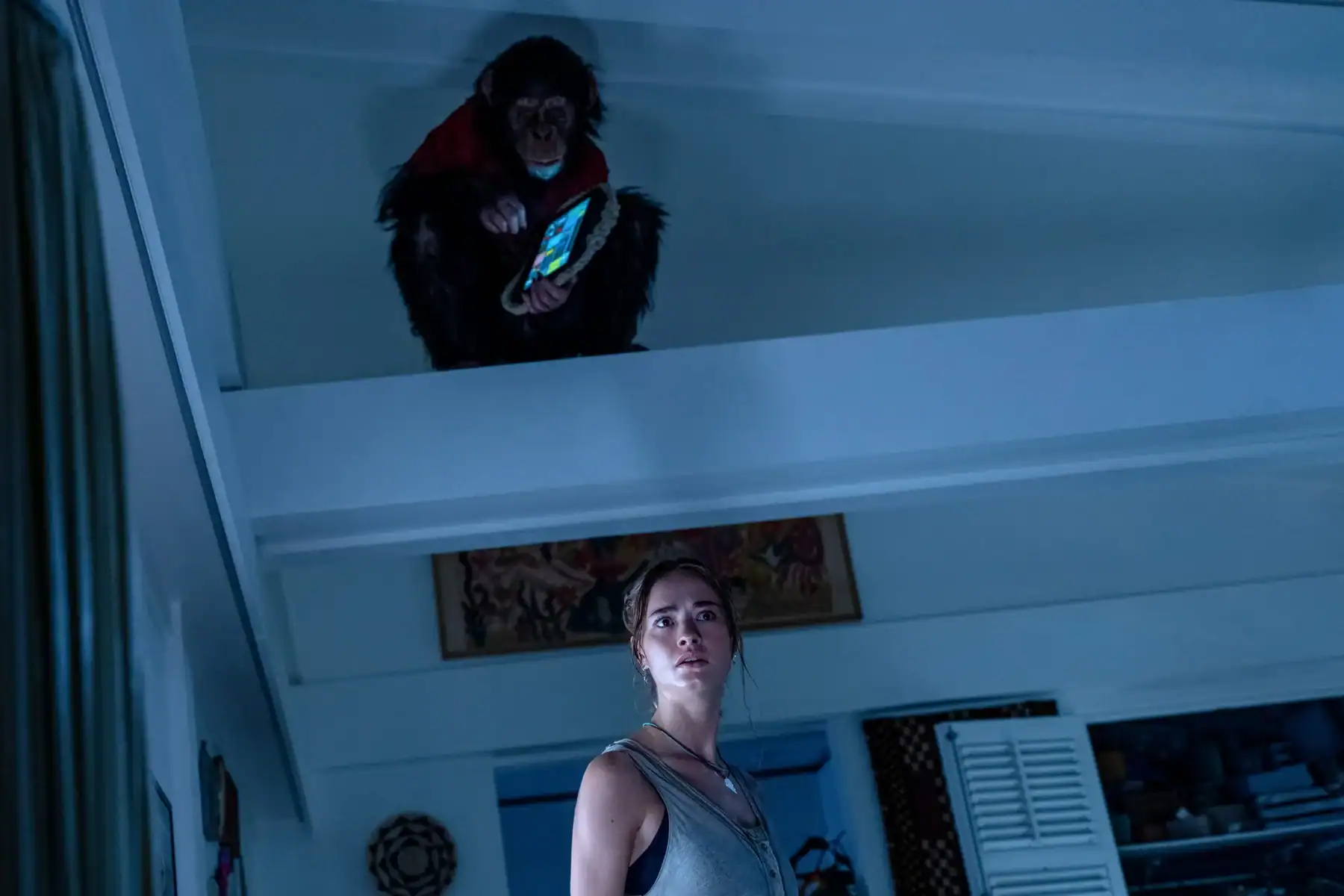 A woman looks up in concern as a chimpanzee in a red shirt holding a bag sits on a beam above her inside a house.