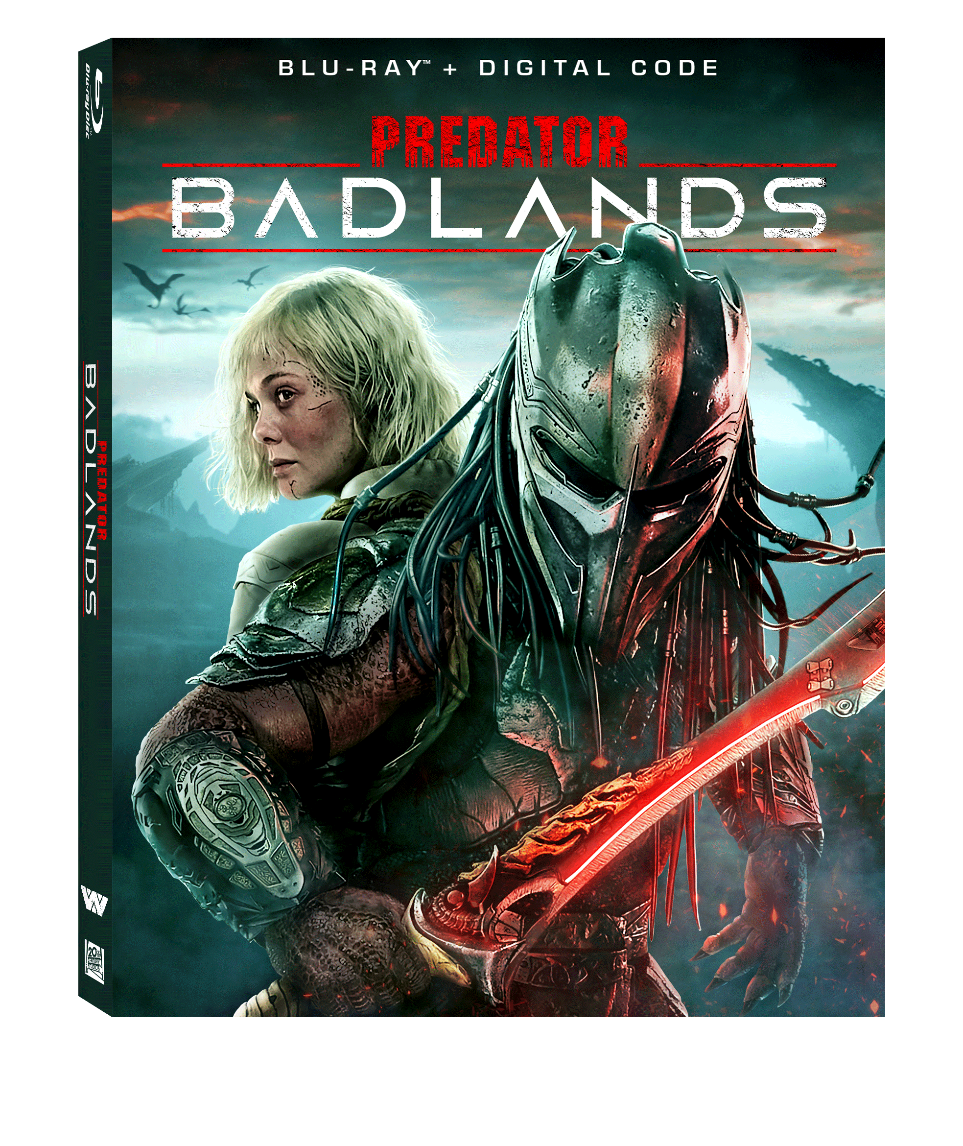 Blu-ray cover for "Predator: Badlands" featuring a woman and an armored Predator with a glowing weapon, set against a mountainous, stormy background.
