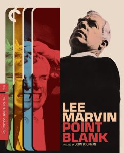 A stylized movie poster for "Point Blank" features Lee Marvin's face in black and white, with colorful overlays and bold text. Directed by John Boorman; part of The Criterion Collection.