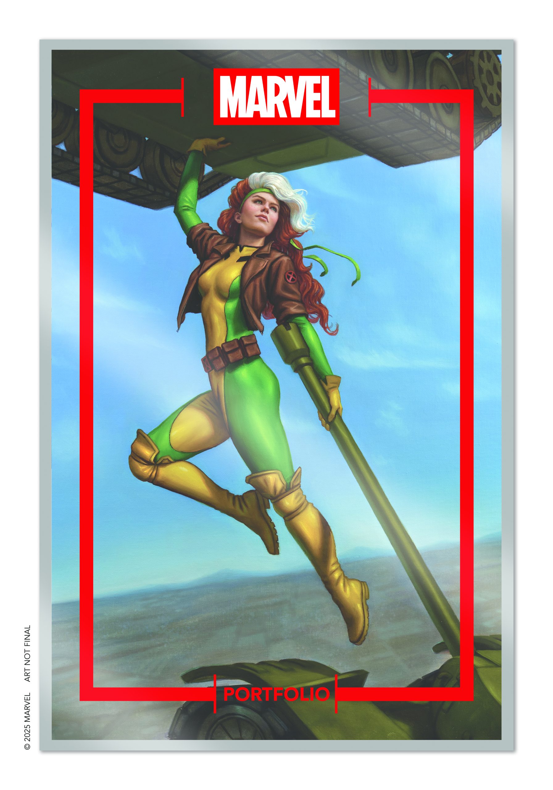 A female superhero in a green and yellow costume hangs one-handed from an aircraft against a blue sky. The image features the Marvel logo at the top.