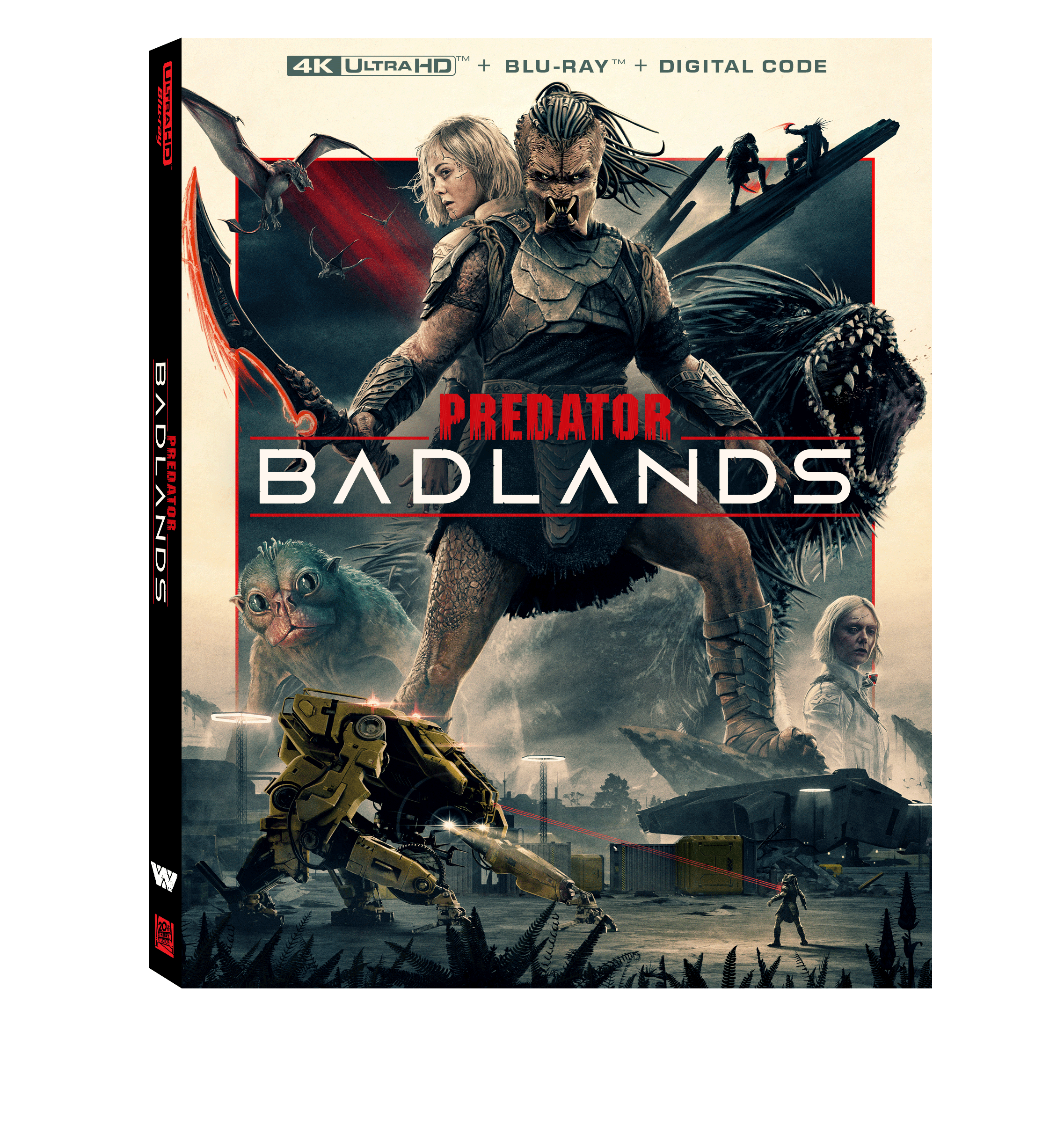 A 4K Ultra HD + Blu-ray + Digital Code box for "Predator: Badlands," featuring armed characters, creatures, and futuristic machines in a desert setting.