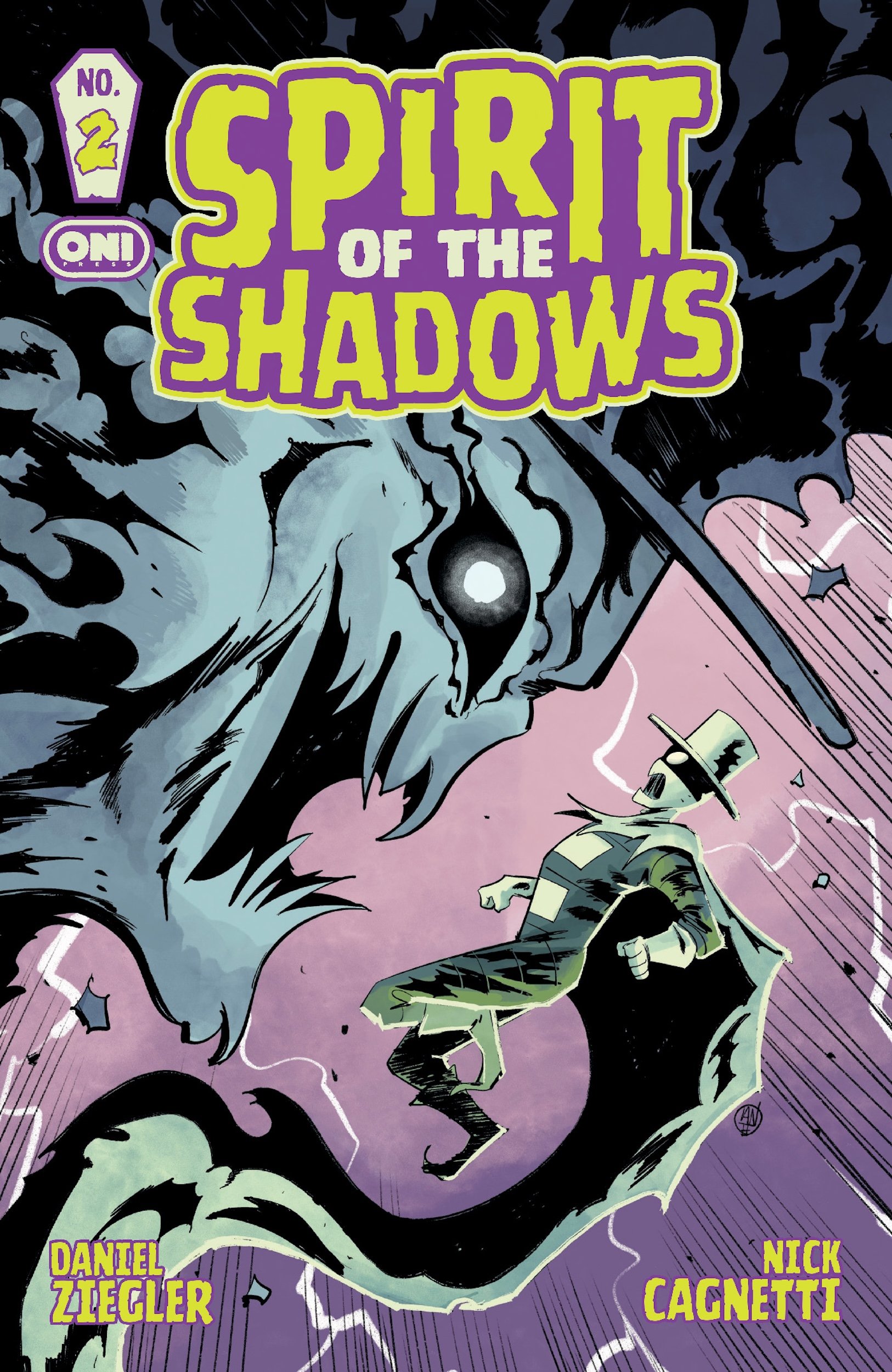 Comic book cover for "Spirit of the Shadows No. 2" showing a large, monstrous ghostly figure looming over a smaller person in a hat and coat. Authors: Daniel Ziegler and Nick Cagnetti.