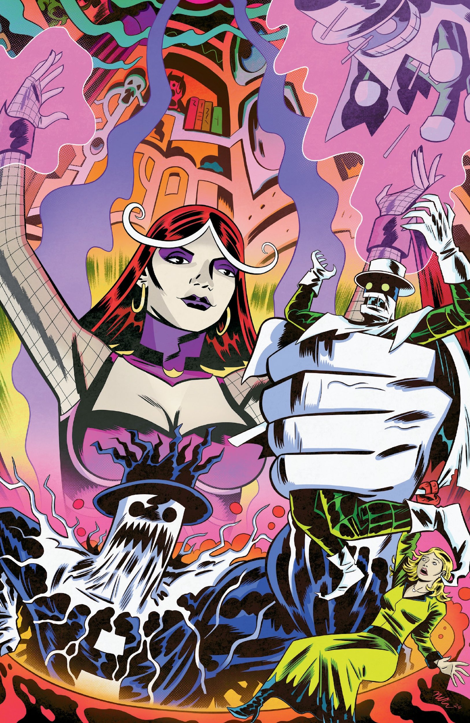 Comic-style illustration showing a confident woman in the center, colorful surreal backgrounds, and a robotic figure being clenched in her fist while other characters react around them.
