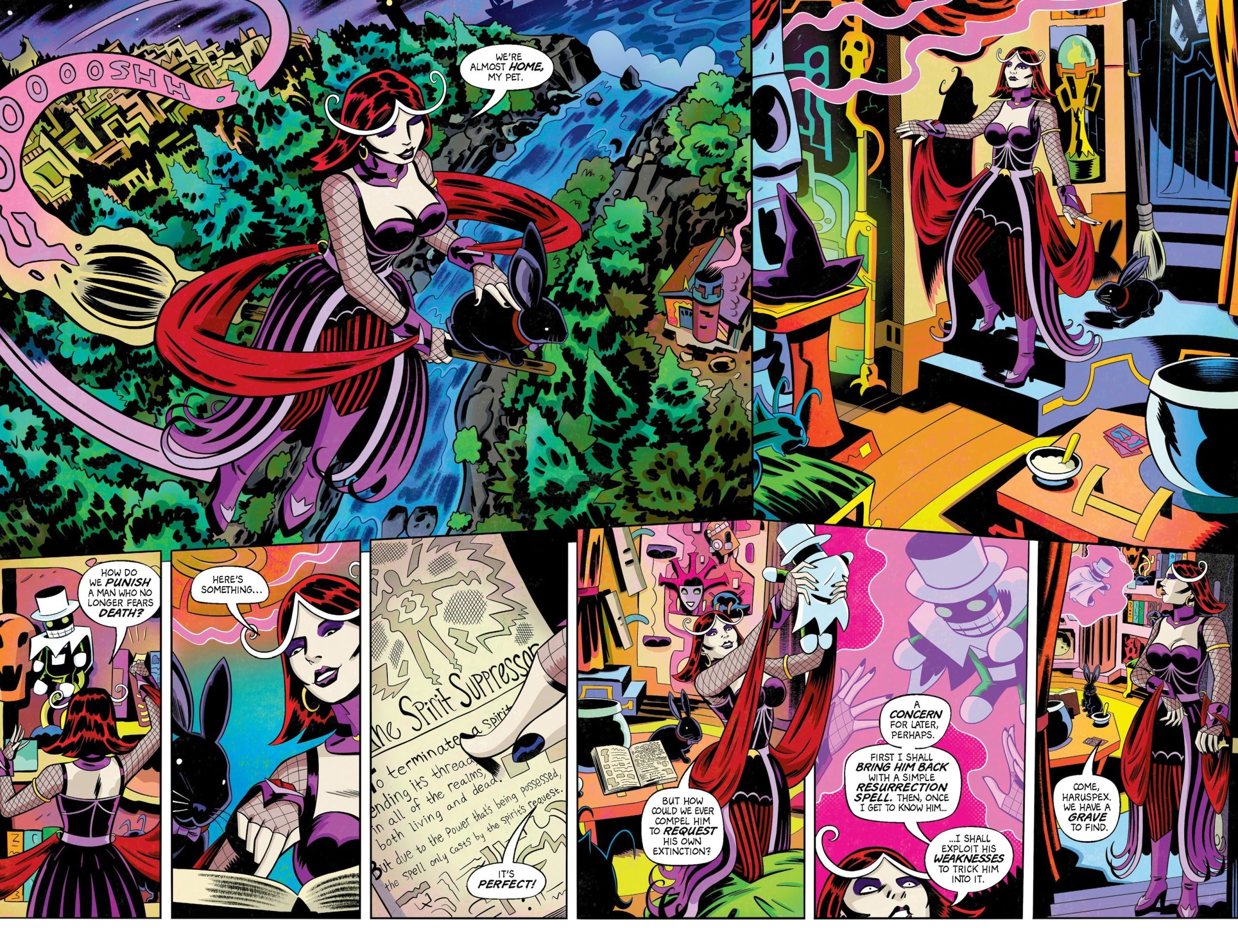 A woman in a dramatic costume flies over a city at night, enters a room, finds a book, and prepares to cast a spell with a black rabbit by her side.