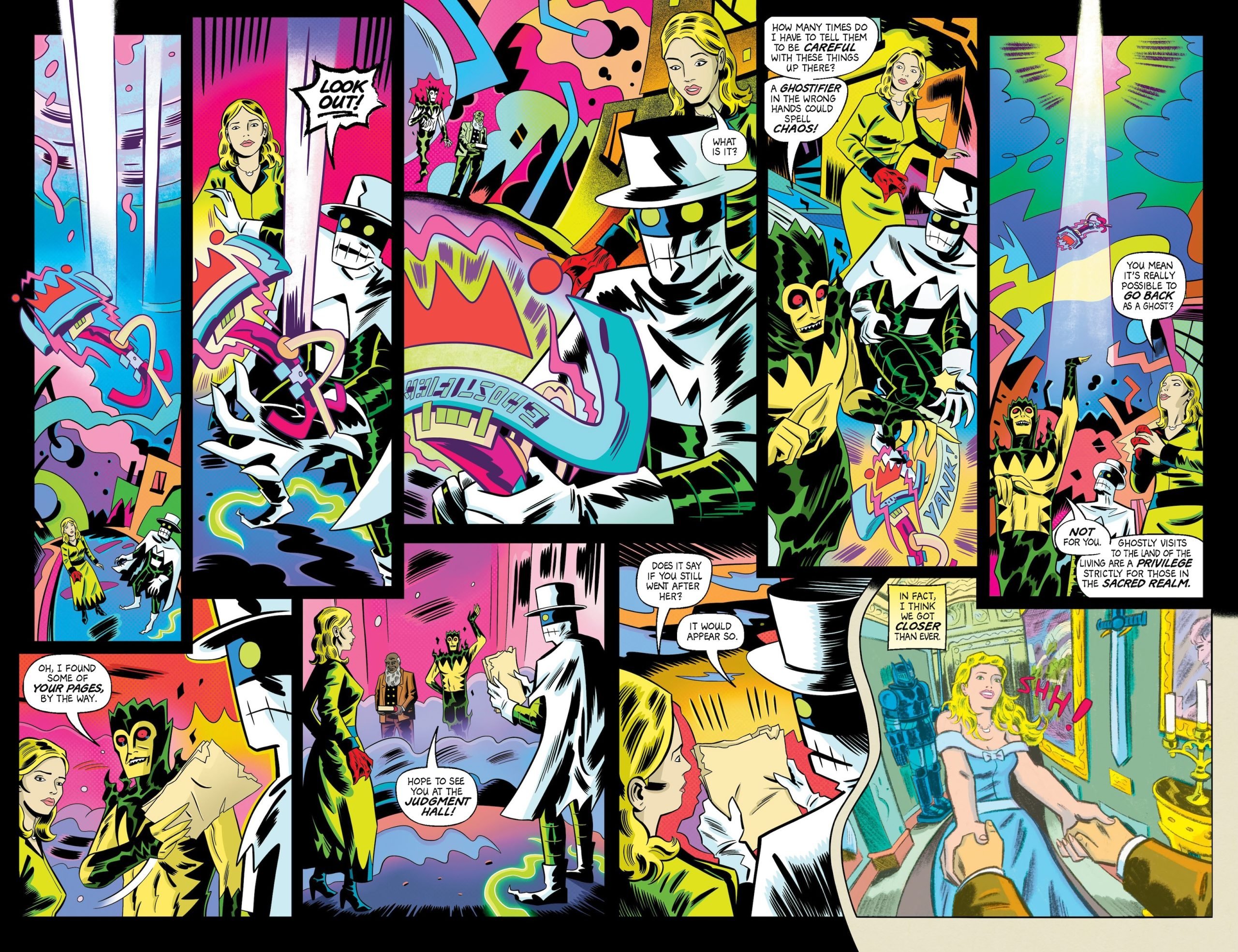A comic book page features colorful, surreal scenes with a woman, a masked man in a suit, and abstract backgrounds; the woman is later seen in a hospital gown with doctors nearby.