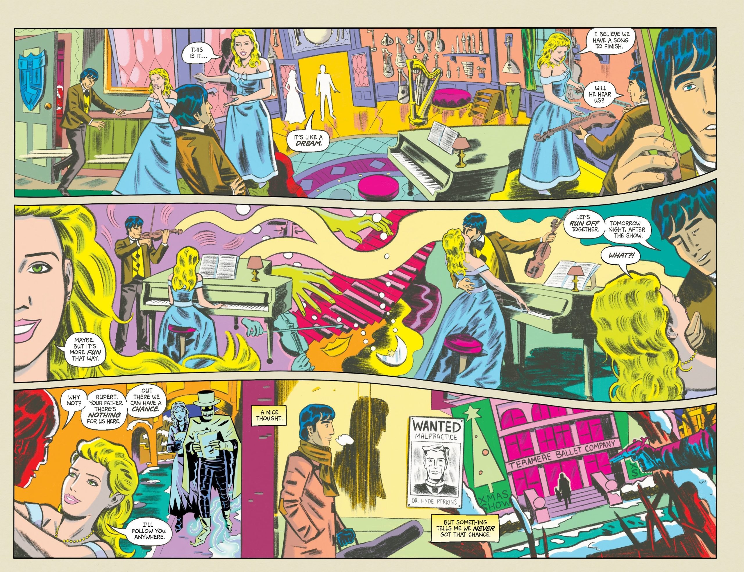 A woman plays piano in a saloon as a man enters; chaos erupts, leading to gunfire and a wanted poster appearing on the wall outside in a colorful comic book scene.