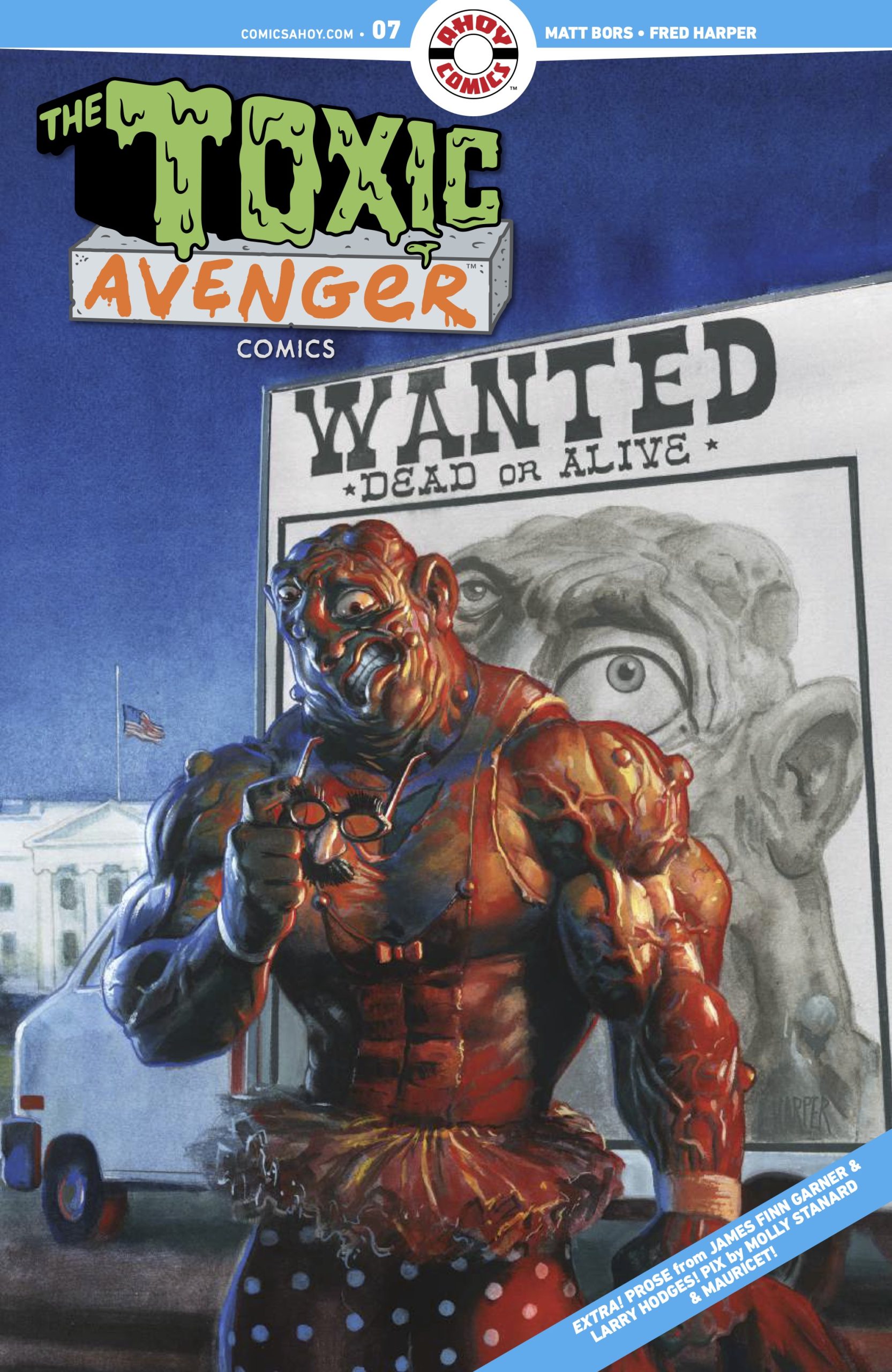 A muscular, mutated superhero stands in front of a large "WANTED: DEAD OR ALIVE" poster showing his own face. The comic book title "The Toxic Avenger" is at the top.