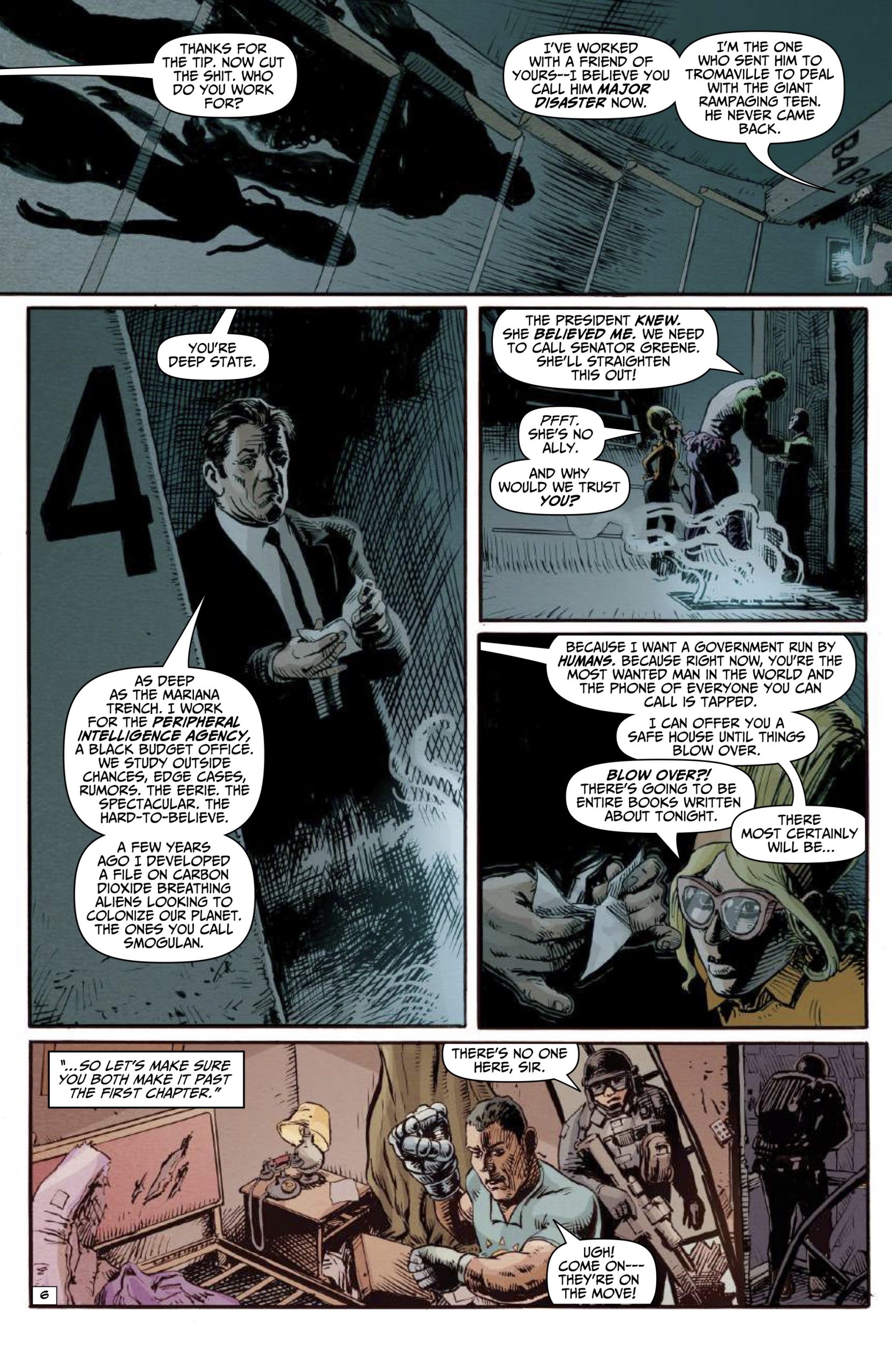 A man in a suit speaks to masked figures in a dimly lit, industrial room with large numbers on the wall; shadowy and tense atmosphere.