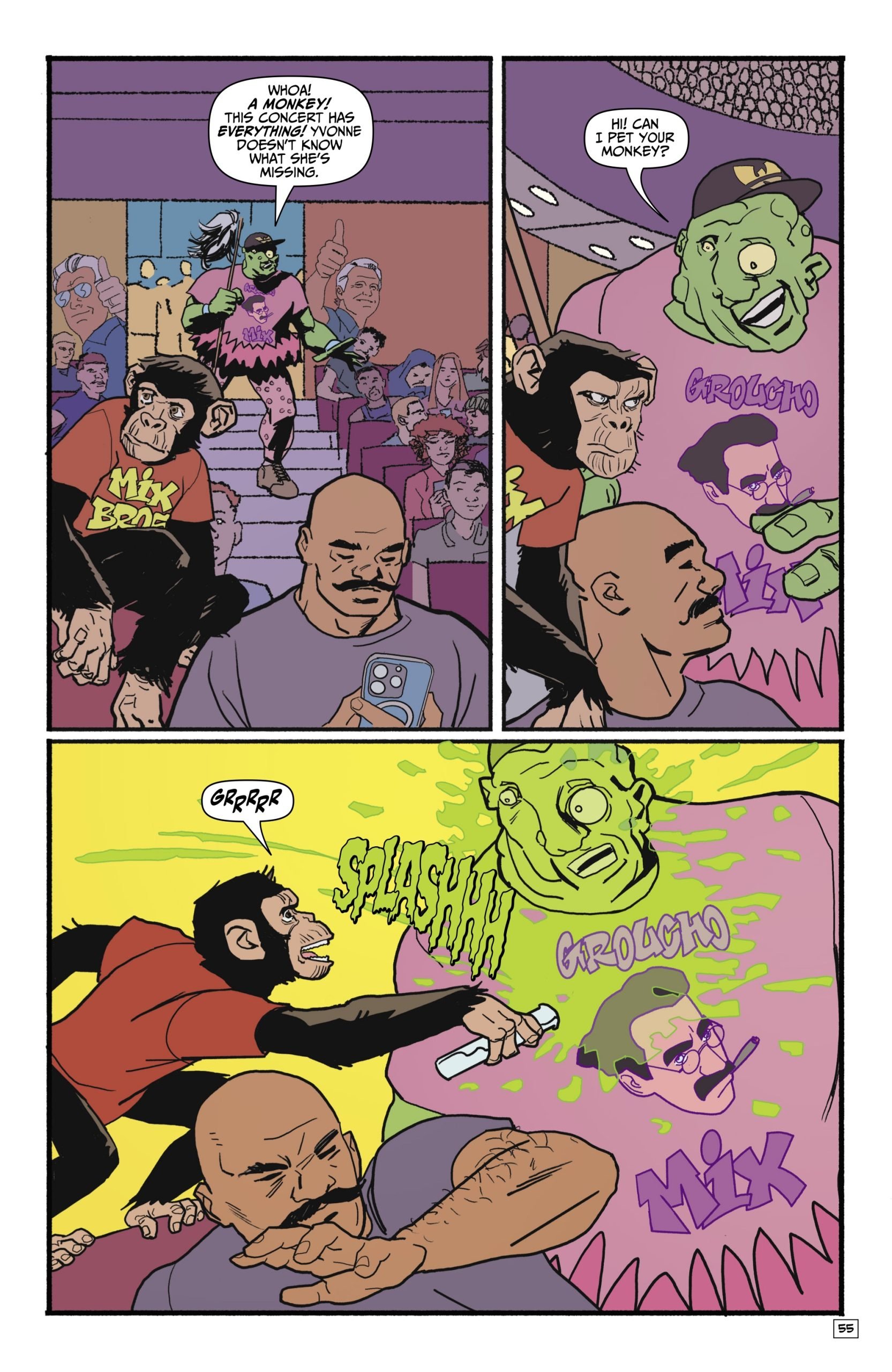 A green floating monster spits slime onto a bald man as a monkey in a cape lunges at him; shocked onlookers watch the chaos in a crowded room.