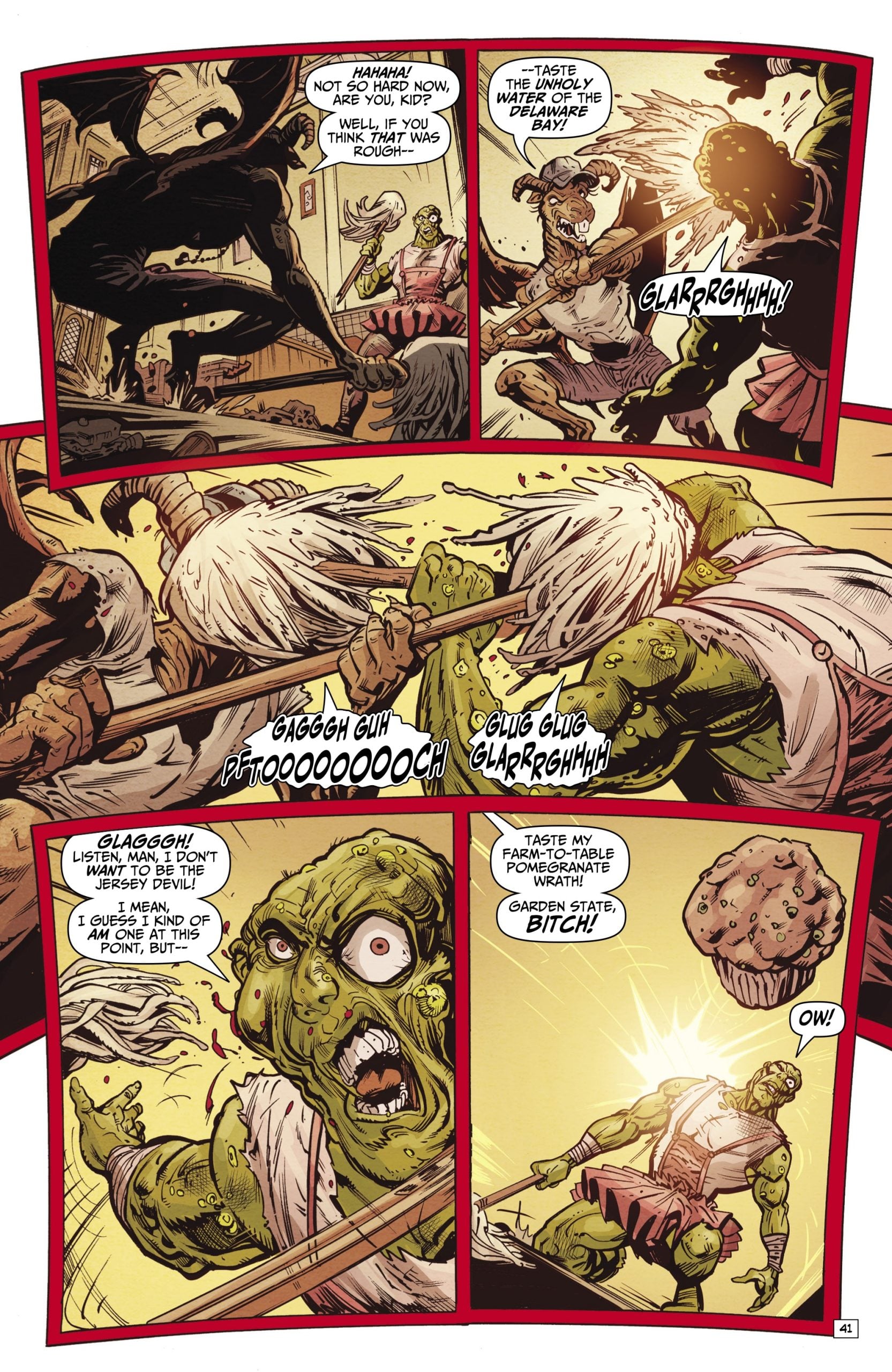 A green monster fights a human in a kitchen, gets injured, and throws a cupcake while shouting insults. The scene is intense and chaotic, with dramatic action poses and expressions.