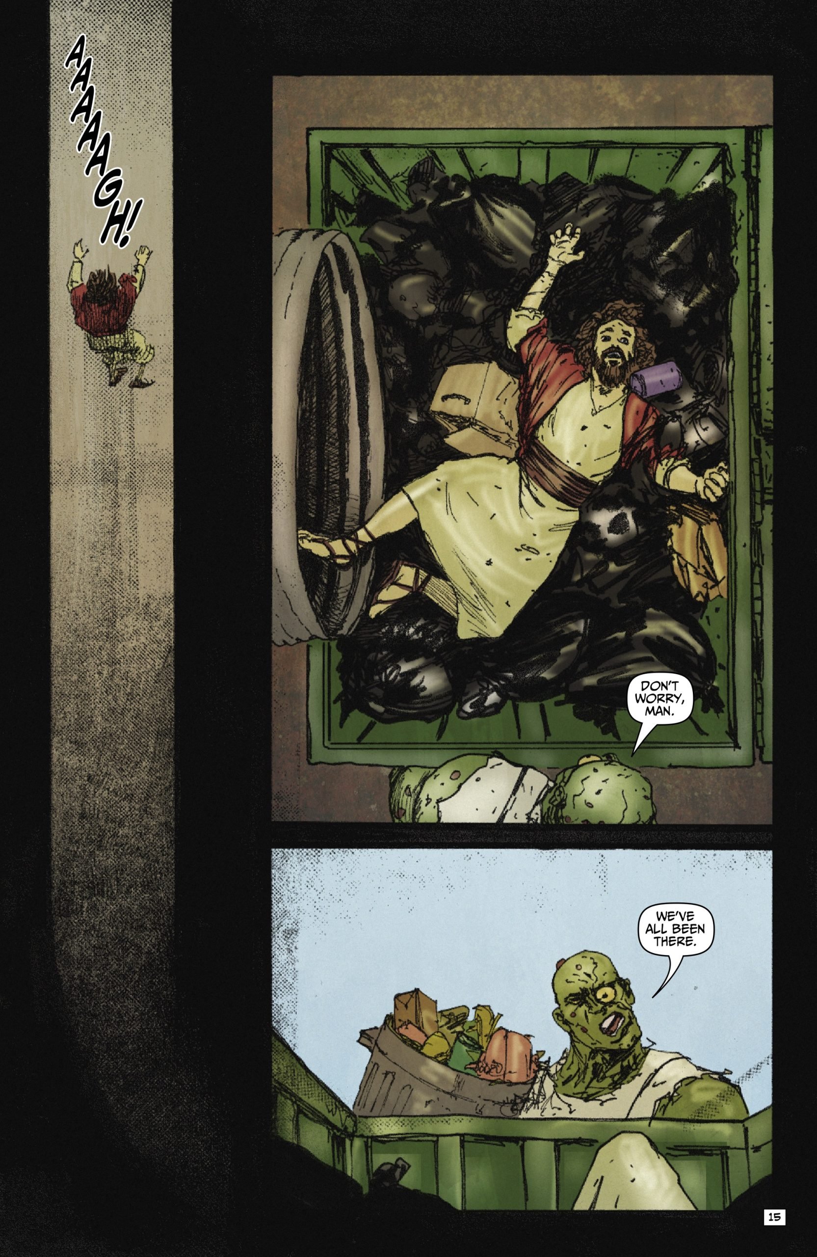 A man in a robe falls screaming into a dumpster full of trash. A green humanoid looks up and says, “Don’t worry, man. We’ve all been there.”.