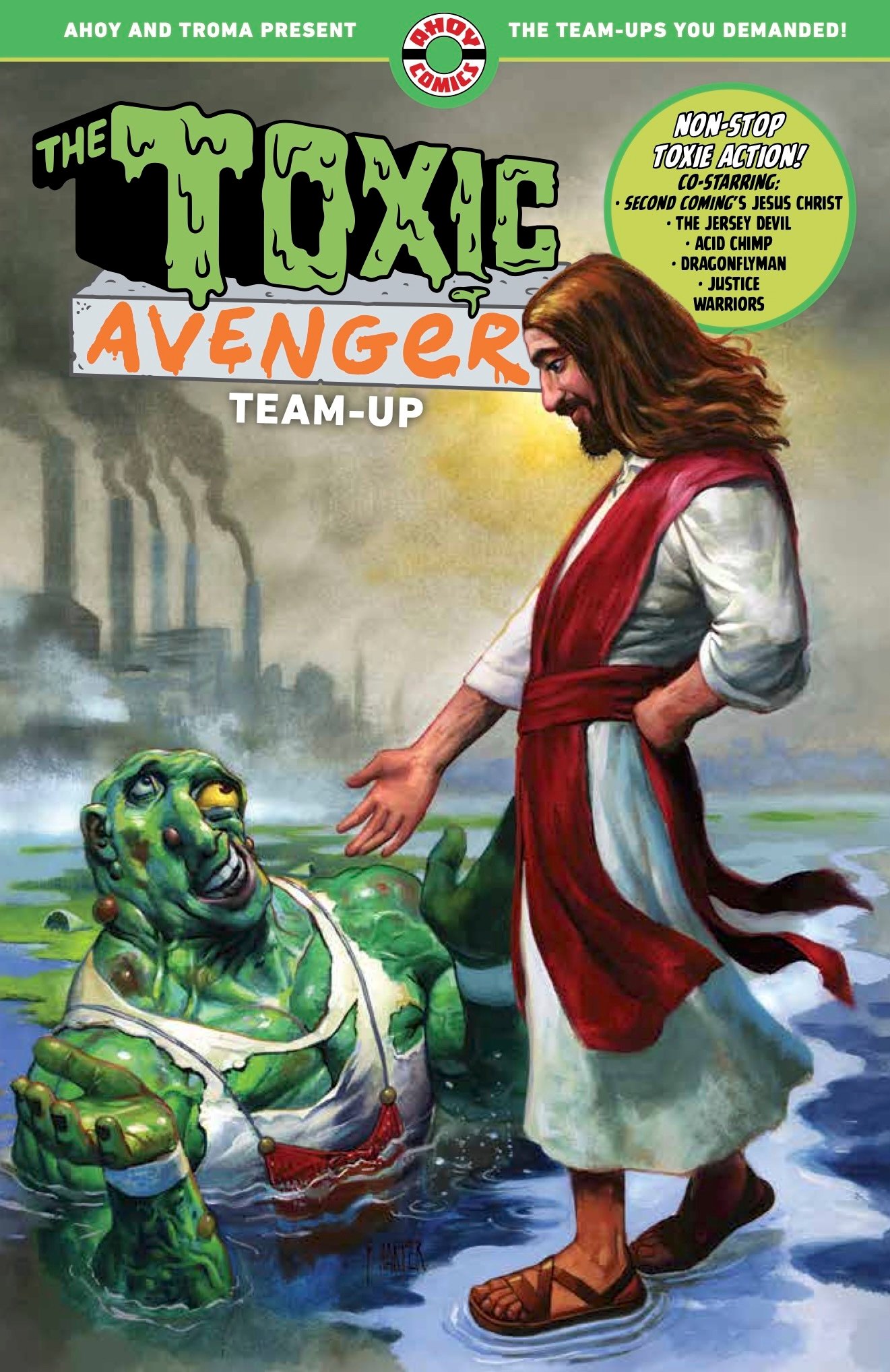 Jesus Christ stands on water and touches the shoulder of the Toxic Avenger, who is emerging from the water. Comic book cover design with bold, colorful text and a dramatic background.