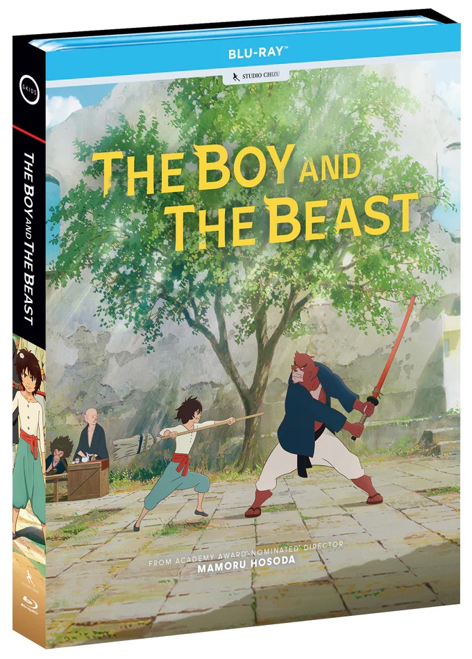 Blu-ray cover of "The Boy and The Beast" featuring animated characters, with a boy practicing sword fighting with a beast in an outdoor setting.