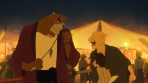 A large humanoid beast and an elderly goblin-like figure argue at a festival while a young boy stands between them at night, surrounded by tents and people.