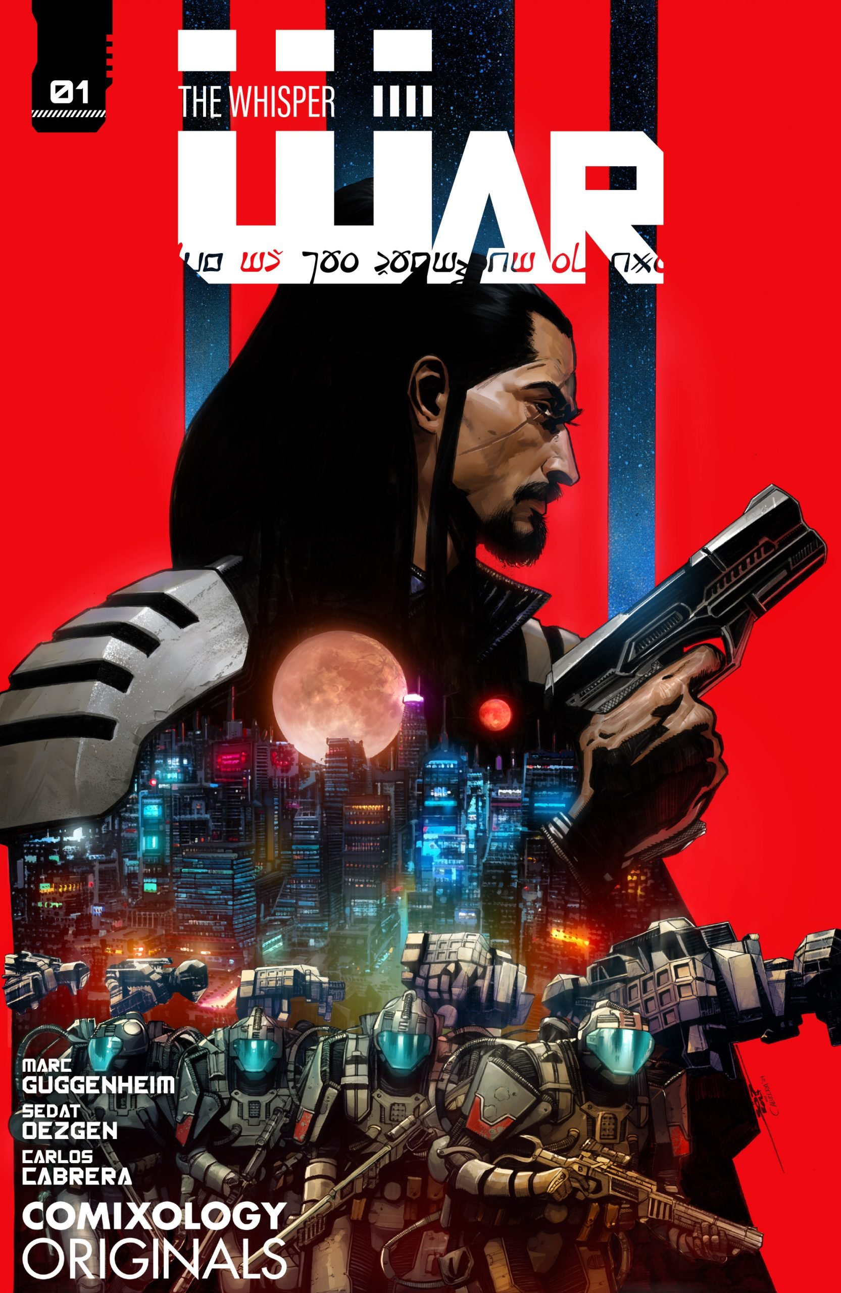 A man with long dark hair holds a gun in front of a futuristic cityscape, with armored soldiers below and red vertical bars in the background. Text reads "The Whisper War" and "Comixology Originals.