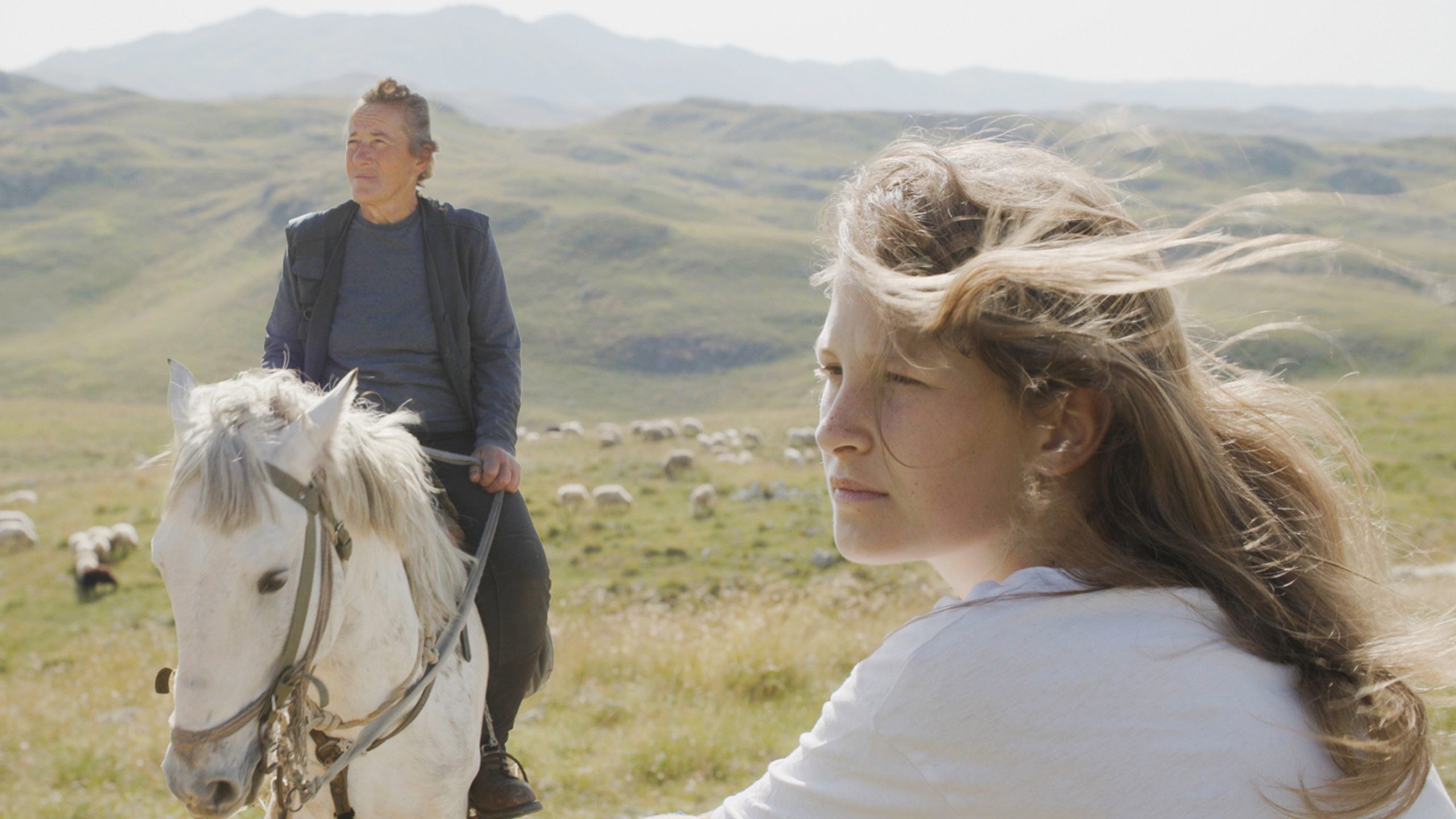 A man rides a white horse in a grassy landscape with sheep in the background, while a woman stands in the foreground looking away.