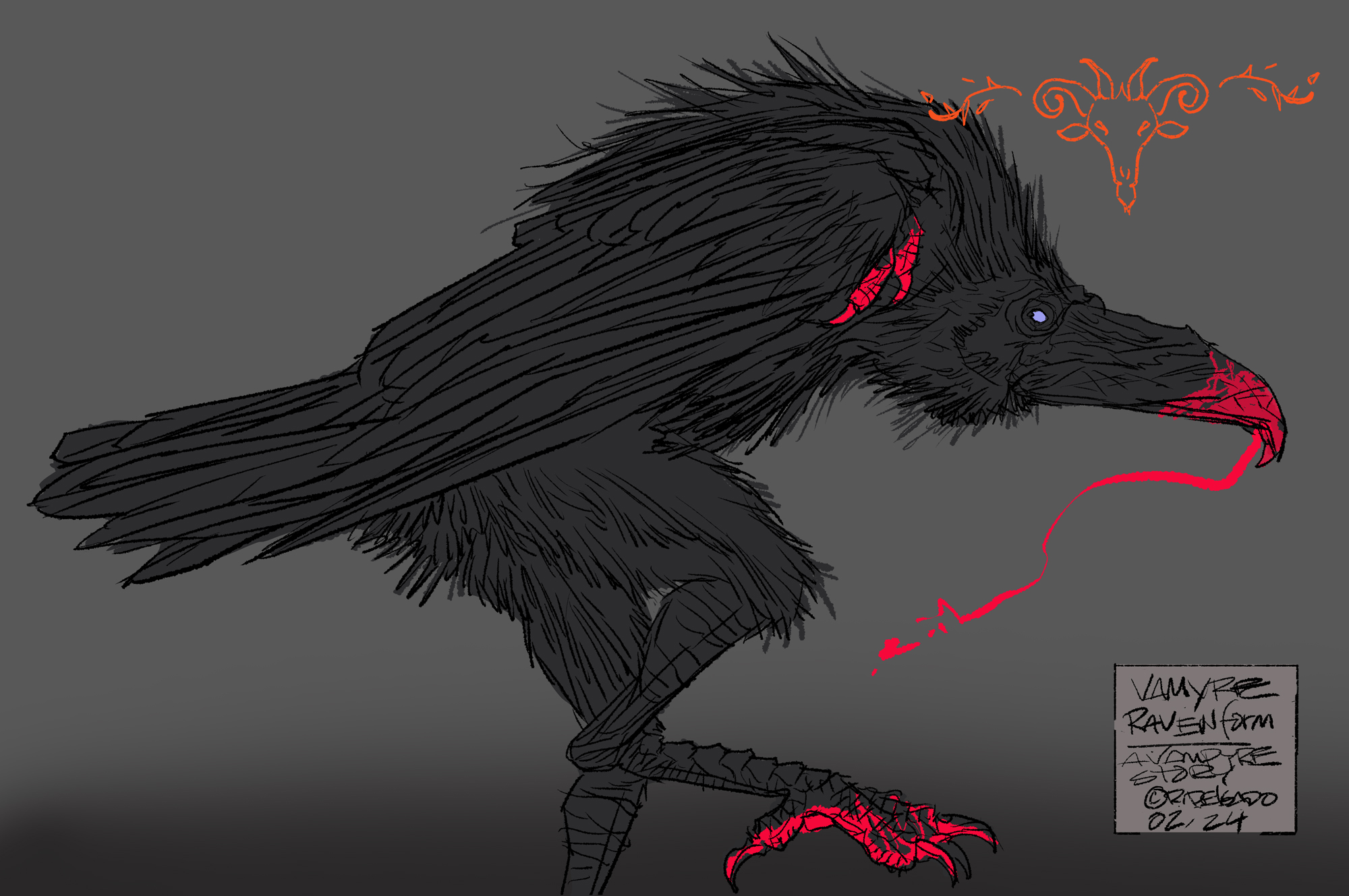 A black raven with glowing eyes and blood on its beak and claws stands against a gray background; an orange ram skull symbol floats above its head.