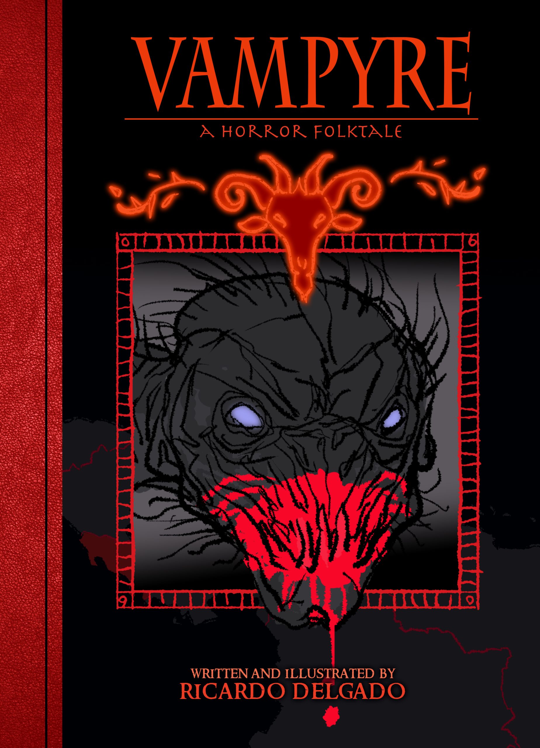 Book cover titled "Vampyre: A Horror Folktale" featuring a dark, monstrous face with glowing eyes and a red, blood-stained mouth. Written and illustrated by Ricardo Delgado.