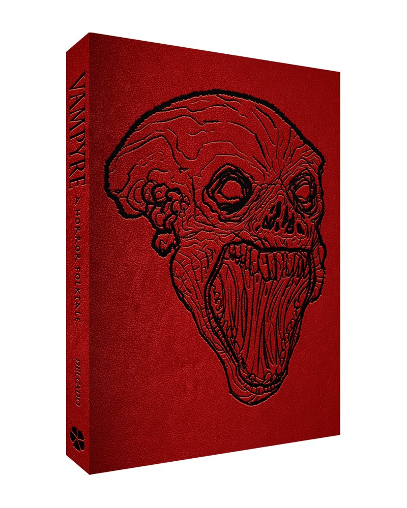 A red book with embossed black line art of a snarling, monstrous face on the cover. The spine reads "Vampire: A Horror Role-Playing Game.